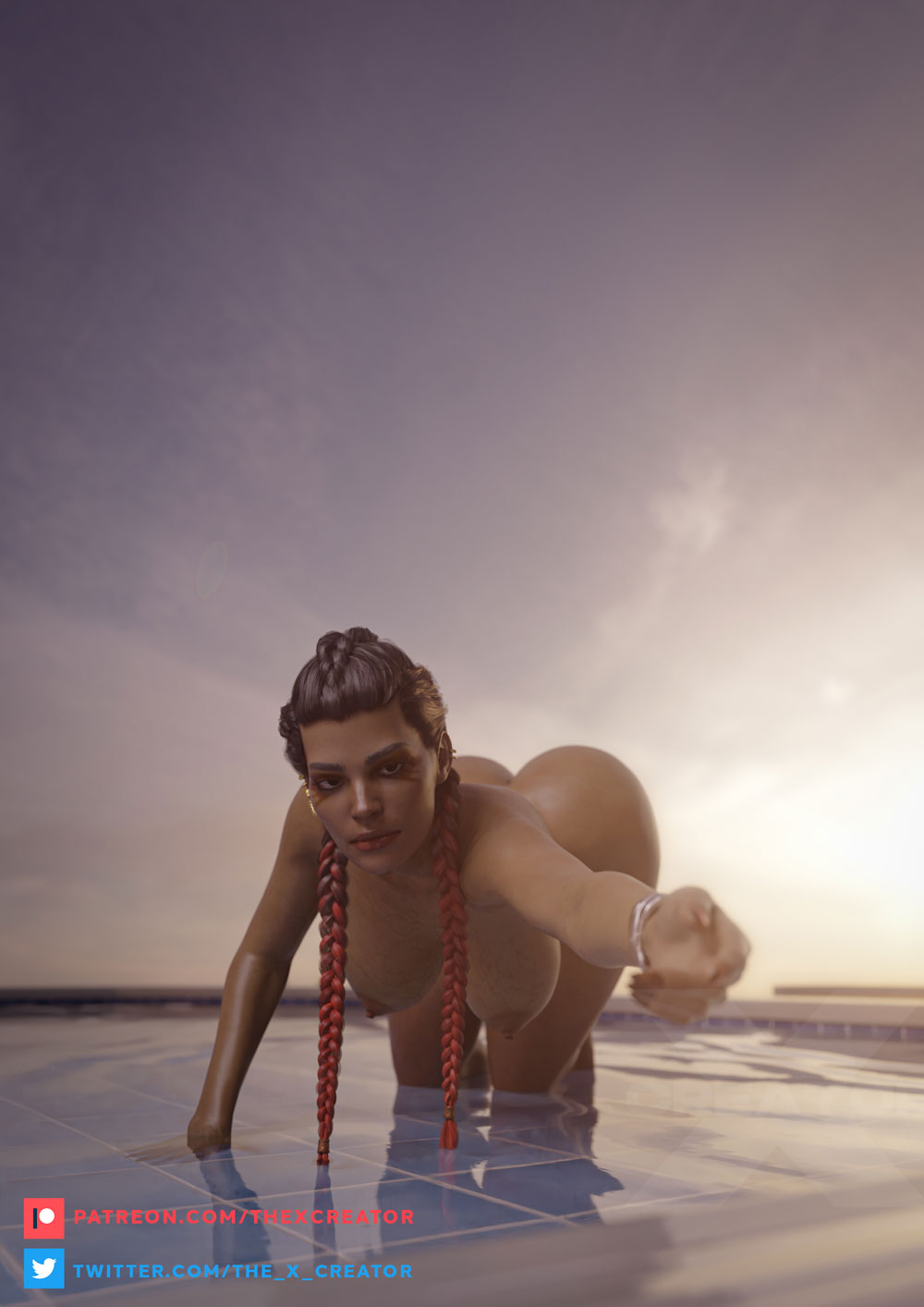 1girls, 3d, apex legends, ass, ass up, big ass, big breasts, braided hair, breasts, dark skin, dark-skinned female, female, female only, latina, loba (apex legends), patreon username, pool, respawn entertainment, solo female, the x creator, twitter username