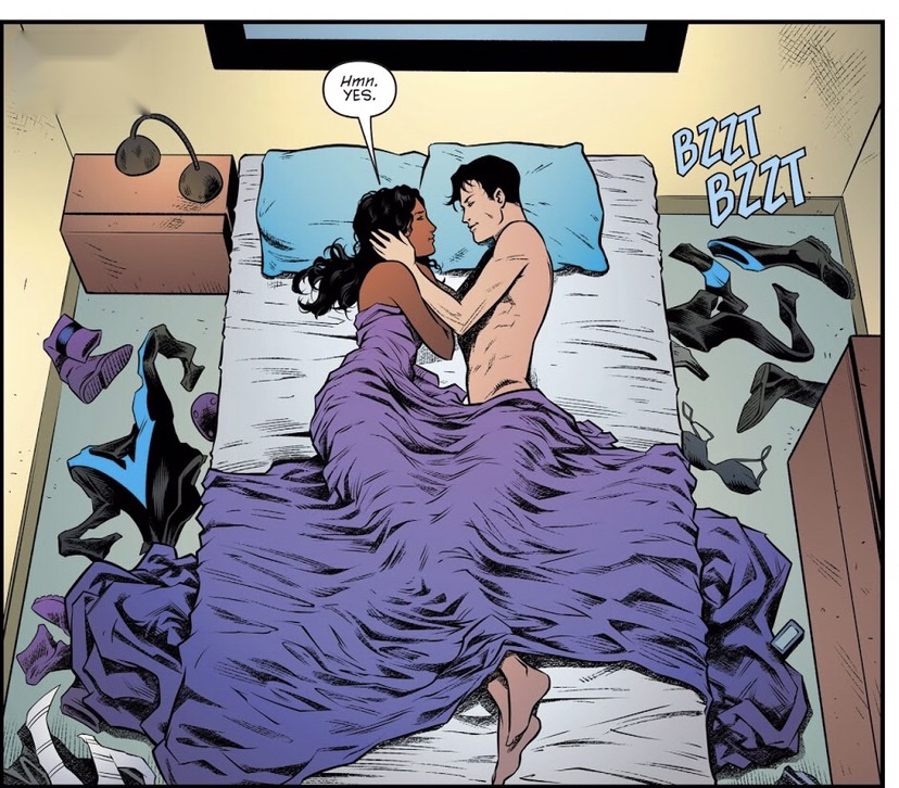 1boy 1girls after_sex bed bedroom bliss canonical_sex cuddling dc dc_comics dick_grayson english_text female helena_bertinelli huntress_(dc) in_bed indoors love male new_52 nightwing speech_bubble straight