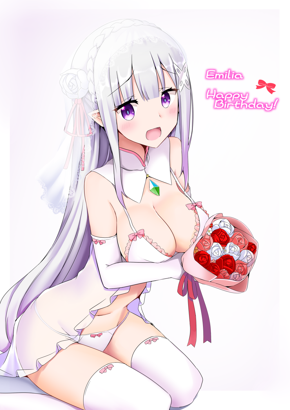 10s 1girls bare_shoulders birthday blush breasts elf elf_ears elf_female emilia_(re:zero) english english_text flowers hair_ornament hair_ribbon large_breasts lingerie midriff minato_yoshihiro negligee open_smile partially_clothed pointy_ears purple_eyes re:zero_kara_hajimeru_isekai_seikatsu silver_hair stockings teenage_girl teenager text wedding_lingerie