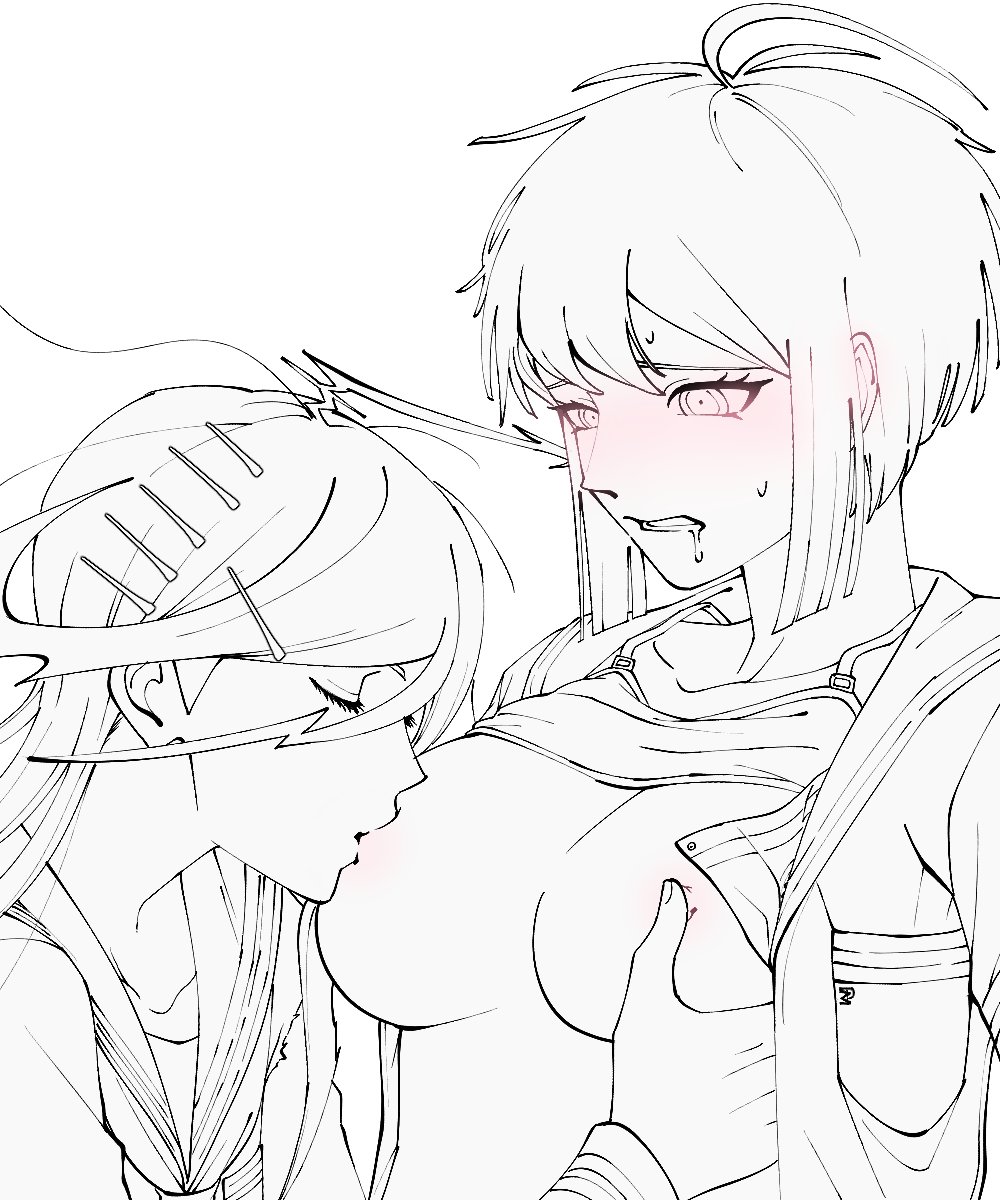 2girls, big breasts, blush, bra, bra lift, breast grab, breast sucking, breasts, breasts out, closed eyes, danganronpa, danganronpa ultra despair girls, female, female only, fukawa touko, genocider shou, heavy blush, lesbian sex, looking down, multiple females, multiple girls, naegi komaru, nipples, open clothes, open shirt, saliva trail, straight hair, sucking, sucking nipples, yumemi9603, yuri