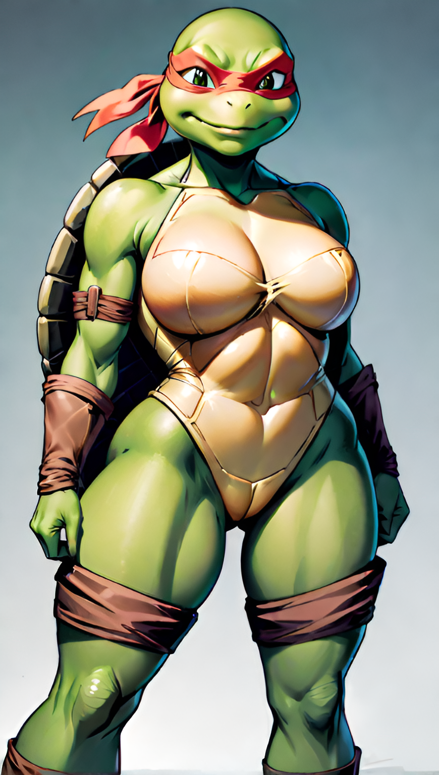 1girls 2020s 2023 ai_generated anthro cameltoe dezgo_ai female female_only genderswap_(mtf) raphael raphael_(tmnt) rule_63 scalie scalie_humanoid scalieton self_upload smile solo teenage_mutant_ninja_turtles turtle turtle_humanoid