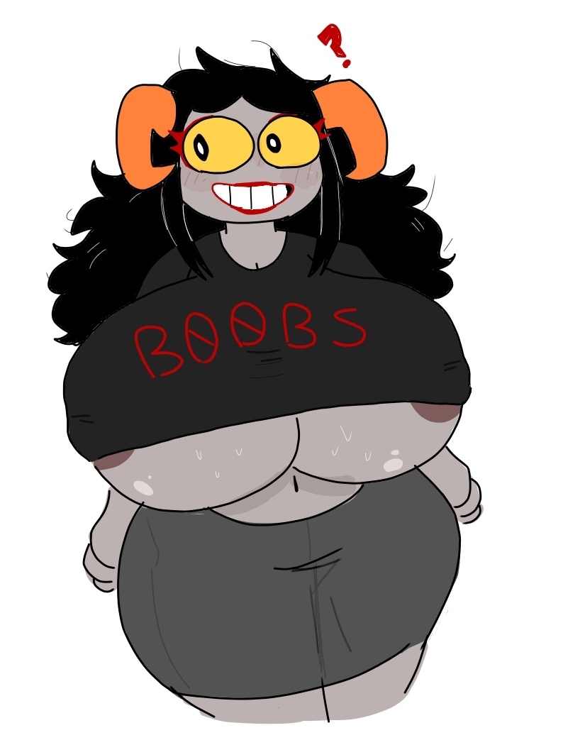 ?, 1girls, aradia megido, areolae, big breasts, black hair, blush, breasts, clothing, errorplush, female, female only, grey skin, homestuck, horns, long hair, ms paint adventures, red lips, red nipples, skirt, smile, solo, suggestive, sweat, text, troll, white background, yellow eyes