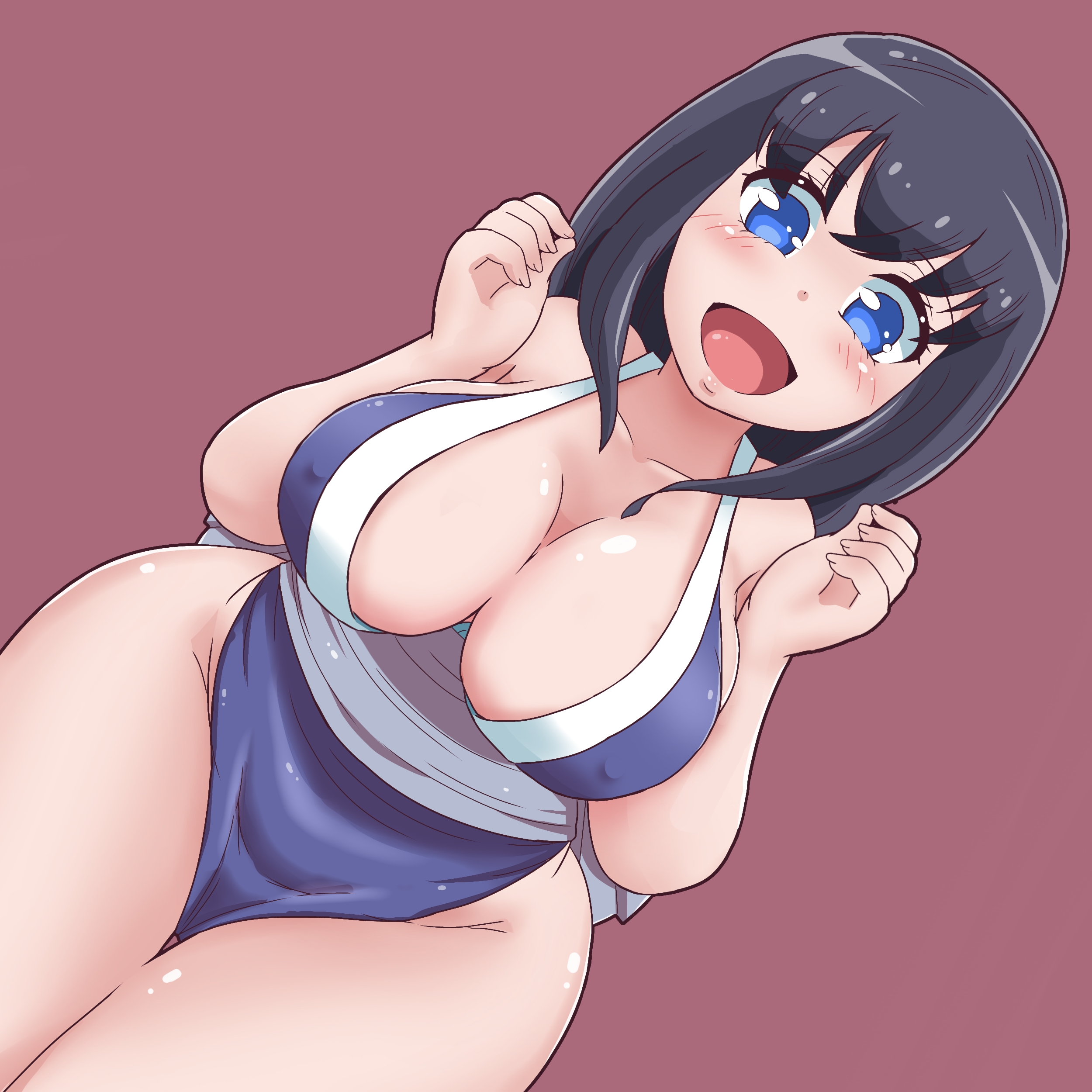 1girls, big breasts, black hair, black-haired female, blue eyes, blush, breasts, cleavage, demon slayer, female, female only, japanese clothes, kaikon shokubutsu, kimetsu no yaiba, kunoichi, looking at viewer, nipple bulge, open mouth, pelvic curtain, sleeveless, smile, solo, suma (kimetsu no yaiba), thick hips, thick thighs, wide hips