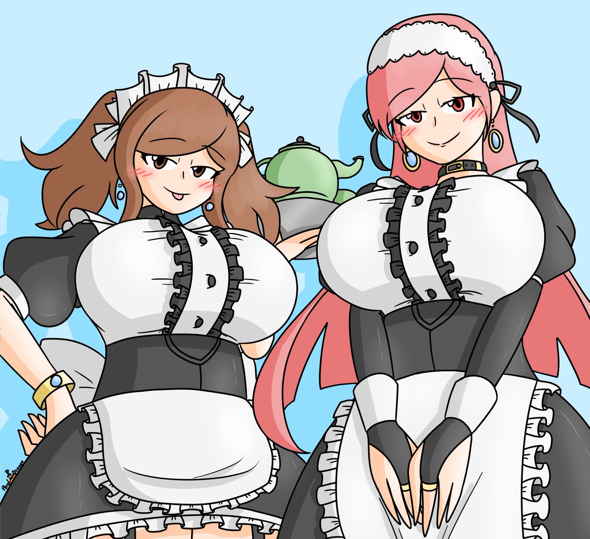 2girls alternate_costume apron blush bracelet brown_eyes brown_hair cherche_(fire_emblem) cynthia_(fire_emblem) dress earrings female female_only fire_emblem fire_emblem_awakening huge_breasts kettle looking_at_viewer maid maid_apron maid_headdress maid_uniform nintendo petelewddigger pink_eyes pink_hair teapot tongue_out tray