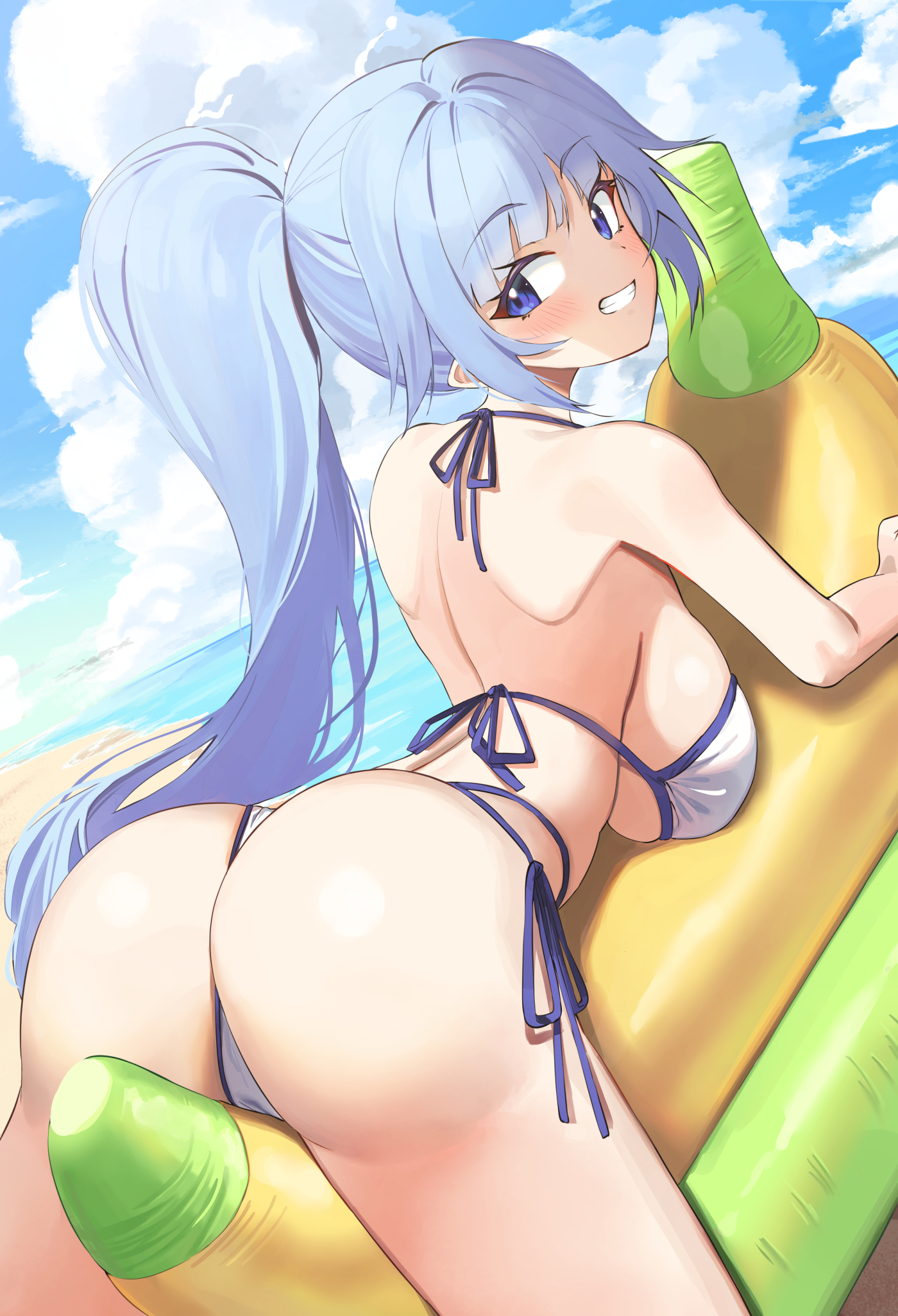 :d, arched back, ass, bangs, bare arms, bare shoulders, big ass, big breasts, bikini, blue eyes, blue ribbon, blue sky, blush, breasts, commentary, commission, day, eyebrows visible through hair, female, from behind, grin, highres, inflatable toy, large breasts, long hair, looking at viewer, looking back, lying, ocean, on stomach, open mouth, original, outdoors, parted lips, ponytail, ribbon, shoulder blades, side-tie bikini, sideboob, silver hair, sky, smile, solo, swimsuit, teeth, twin (tt lsh), very long hair, white bikini