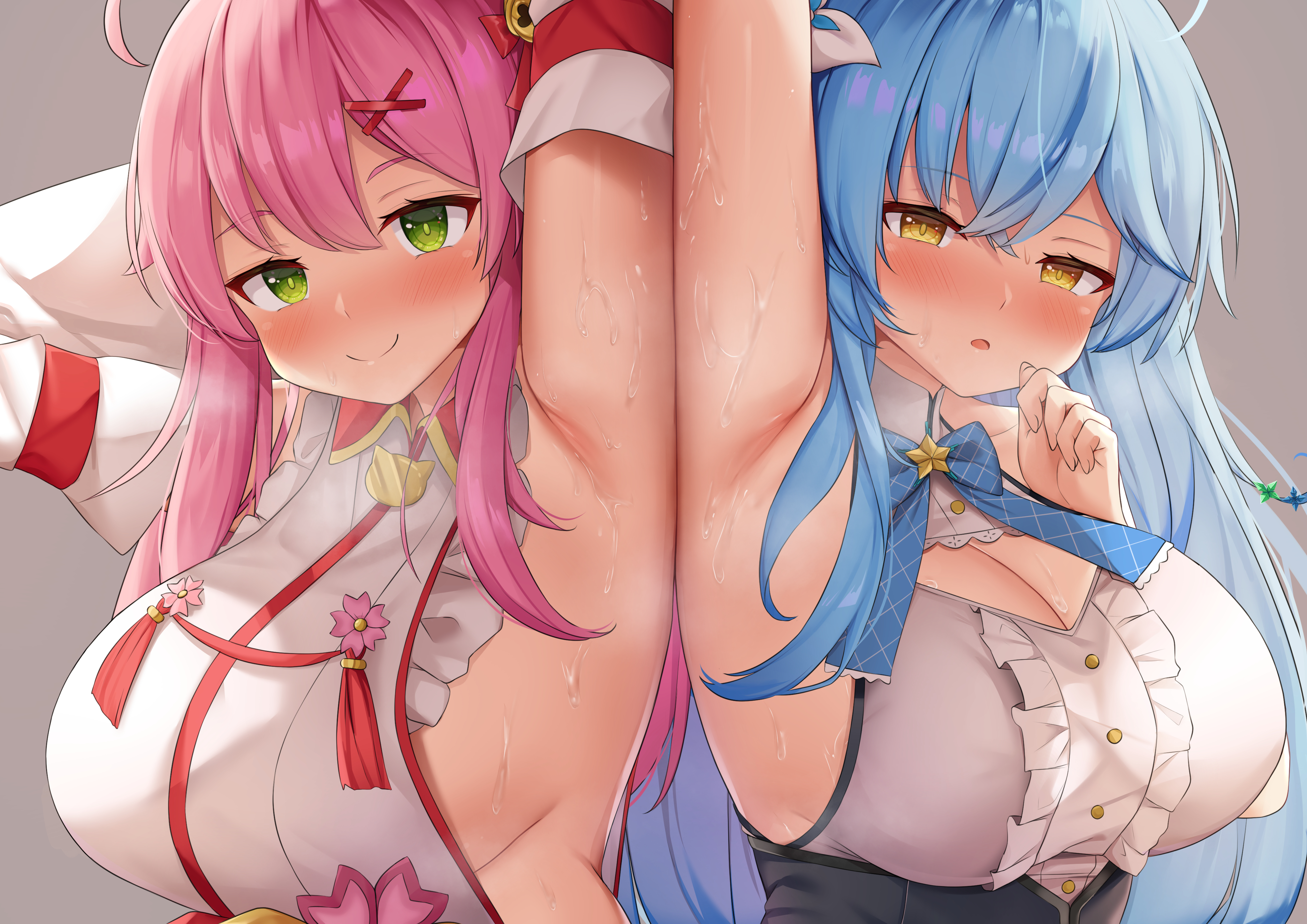 2021, 2girls, absurdres, ahoge, alternate version available, armpit fetish, armpit focus, armpits, arms up, bangs, blonde hair, blue bow, blue hair, blush, bow, breasts, cleavage, cleavage cutout, clothing cutout, corset, detached sleeves, duo, duo focus, eyebrows visible through hair, female, female focus, female only, green eyes, grey background, half-closed eyes, hand up, highres, hololive, hololive gen 0, hololive gen 5, hololive japan, japanese clothes, kimono, kusana (dudqja602), large breasts, long hair, looking at viewer, multiple females, multiple girls, pink hair, presenting armpit, sakura miko, sexy armpits, shirt, smile, sweat, sweating, sweaty, sweaty armpit, sweaty armpits, underbust, upper body, virtual youtuber, wet, white kimono, white shirt, yukihana lamy