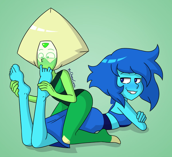 biting lip, blue eyes, blue hair, female, female only, foot fetish, foot focus, foot worship, green eyes, lapis lazuli (steven universe), mr. chase comix, peridot (steven universe), simple background, steven universe, toe sucking, yuri