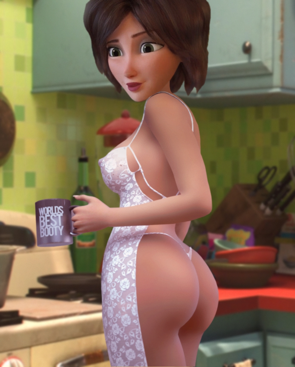 1girls, 3d, apron, ass, aunt, big hero 6, breasts, brown hair, cass hamada, disney, female, female only, green eyes, human, kitchen, marvel, marvel comics, mature, mature female, naked apron, nipple bulge, nipples, panties, pokies, rastifan, see-through clothing, short hair, solo, tagme, text, thong, transparent clothing