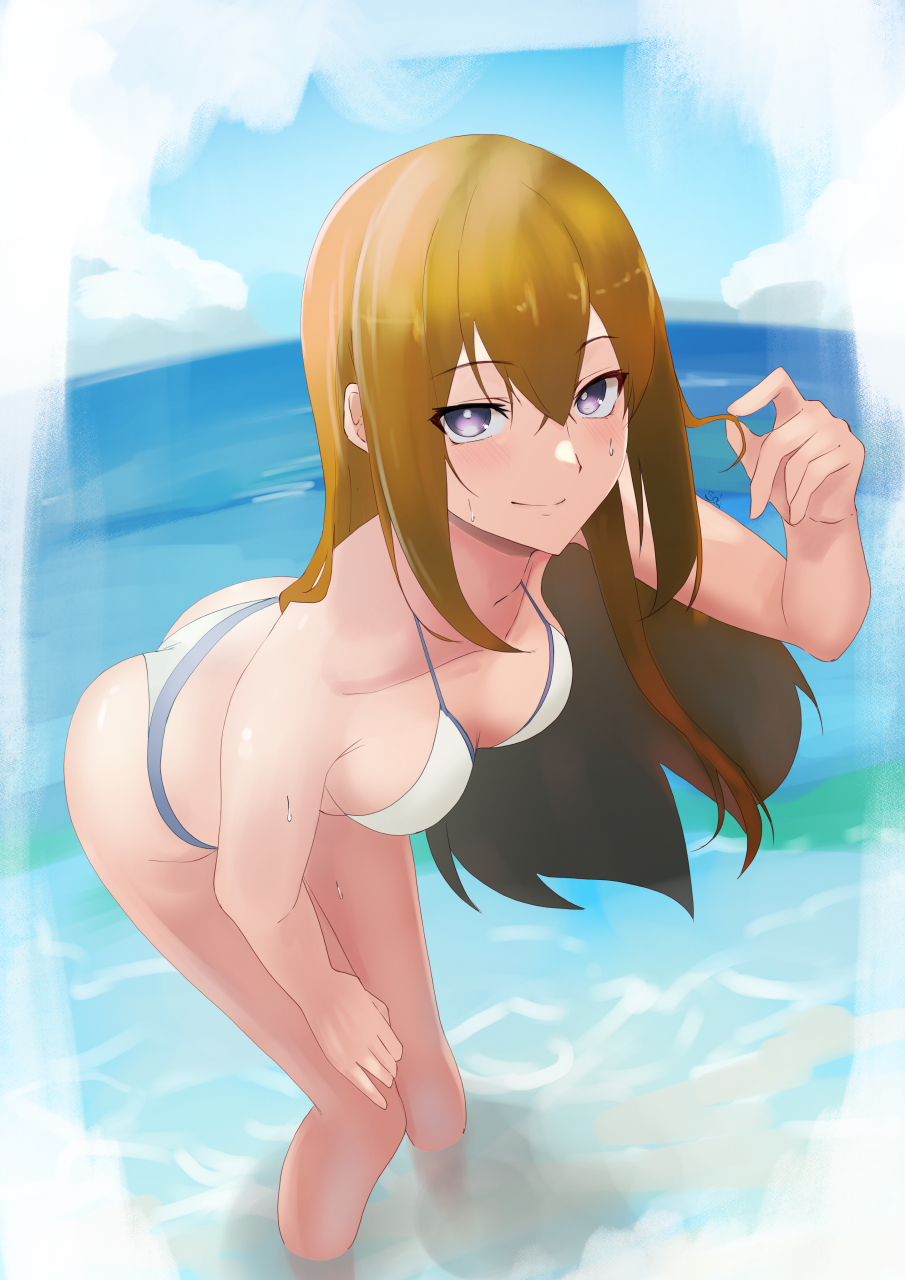 ass aya_roushi bangs bare_arms bare_legs bare_shoulders bent_over bikini blue_sky breasts brown_hair collarbone eyebrows_behind_hair eyebrows_visible_through_hair female hair_between_eyes highres large_breasts leaning_forward long_hair looking_at_viewer makise_kurisu ocean purple_eyes sky smile solo steins;gate swimsuit white_bikini