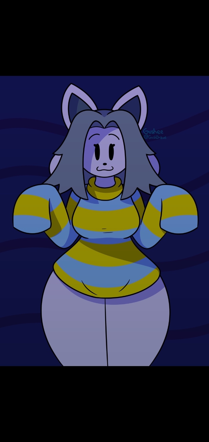 1girls :3 big_ass big_breasts big_butt bottomless cat_ears catgirl cute dark_room gray_hair mr_clanka_2 striped_clothing striped_sweater temmie temmie_(undertale) thick_thighs undertale uwu white_fur