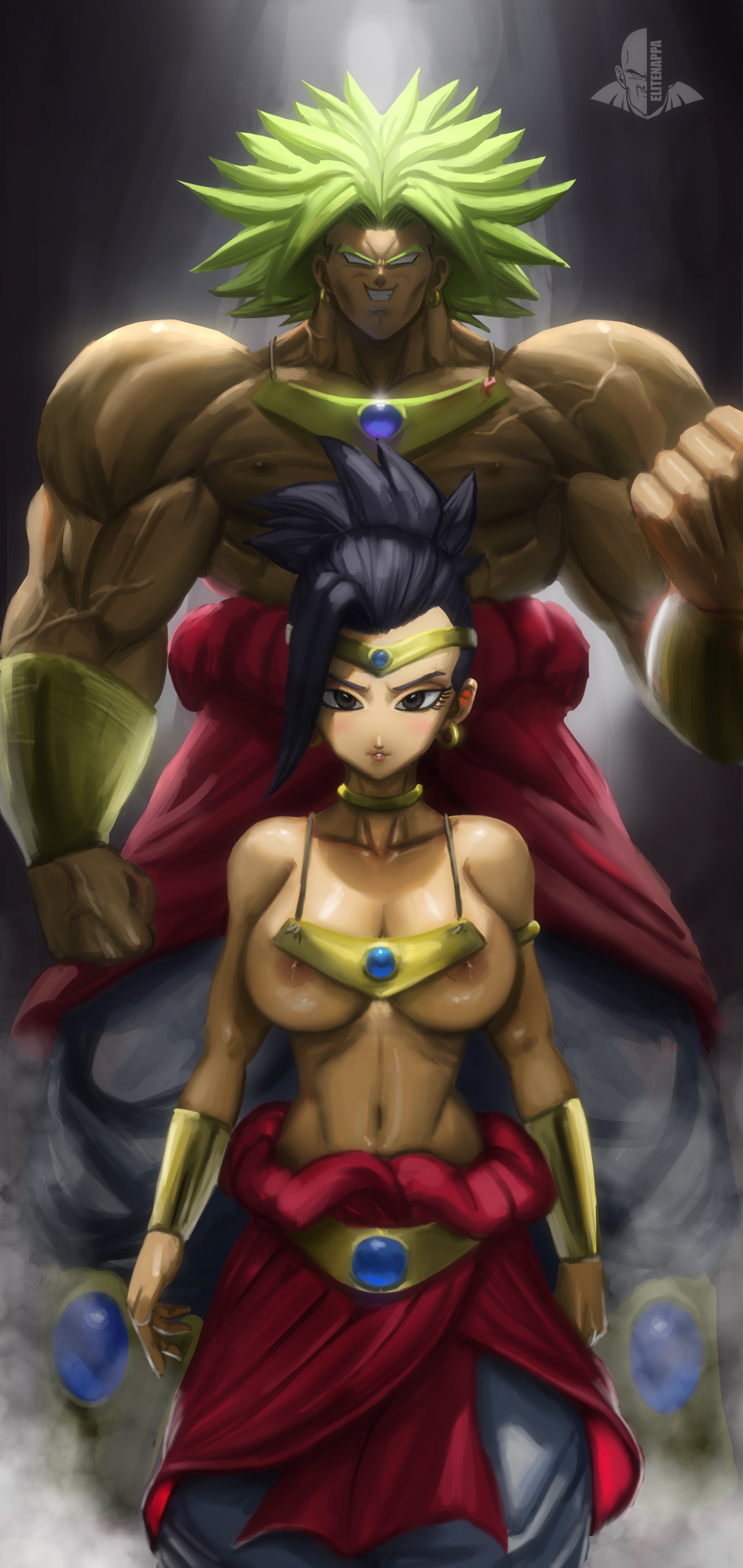 1boy, 1girls, big breasts, breasts, broly, broly (cosplay), broly (dragon ball z) 1993, dark skin, dark-skinned female, dragon ball, dragon ball super, elitenappa, female, kale, legendary super saiyan, male, muscular, muscular male, navel, saiyan, shounen jump, straight, topless