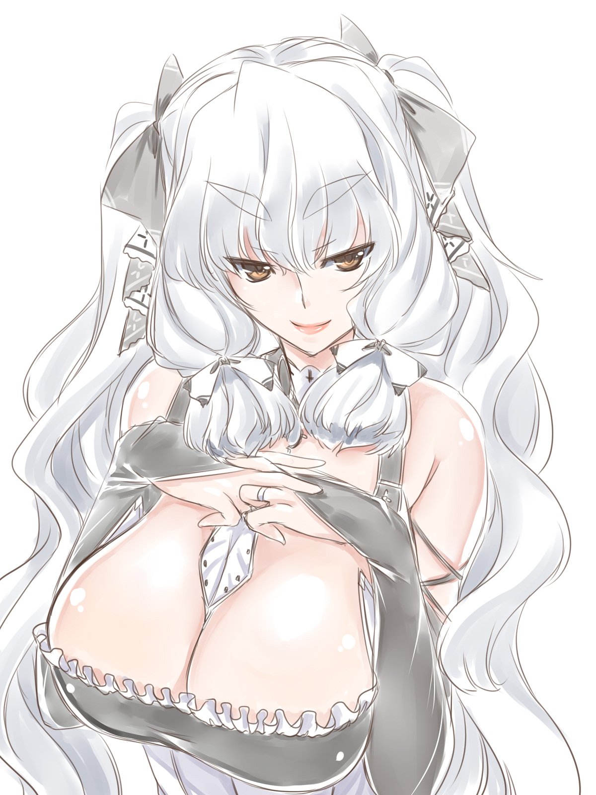 azur_lane bangs bare_shoulders breasts bridal_gauntlets choker cosplay crossover_cosplay dress eyebrows eyebrows_visible_through_hair female formidable_(azur_lane) formidable_(azur_lane)_(cosplay) frilled_dress frills hair_ribbon hakkai highres huge_breasts jewelry kantai_collection lips lipstick makeup murakumo_(kantai_collection) older orange_eyes ribbon ring shiny shiny_skin sidelocks smile thick_eyebrows tress_ribbon twintails two-tone_dress two-tone_ribbon wavy_hair wedding_band white_background white_hair