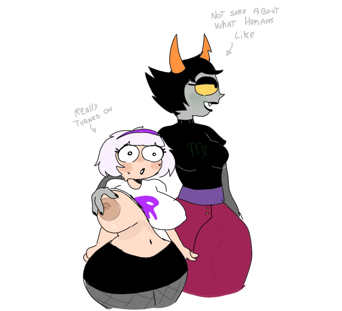 2girls, big breasts, black hair, black lips, black lipstick, black nails, blush, breast grab, breasts, canon couple, clothing, errorplush, fangs, female, fishnets, grabbing, grey skin, hairband, height difference, homestuck, horns, interspecies, kanaya maryam, lipstick, married couple, ms paint adventures, multiple females, multiple girls, nipples, open mouth, pulled up shirt, purple hair, rose lalonde, short hair, skirt, sweat, text, troll, white background, white skin, wide hips, wife and wife, yellow eyes, yuri
