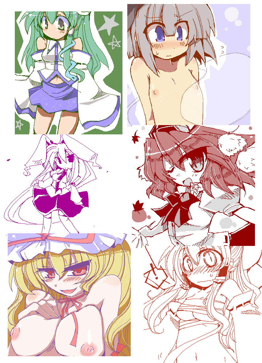 6girls bandage blonde_hair blue_eyes blush bunny_ears detached_sleeves embarrassed fully_clothed green_hair grey_hair hat large_breasts long_hair multiple_girls necktie nude open_mouth reimu_hakurei reisen_udongein_inaba sanae_kochiya shameimaru_aya shirogane_(platinum) short_hair skirt touhou wavy_mouth wink youmu_konpaku yukari_yakumo