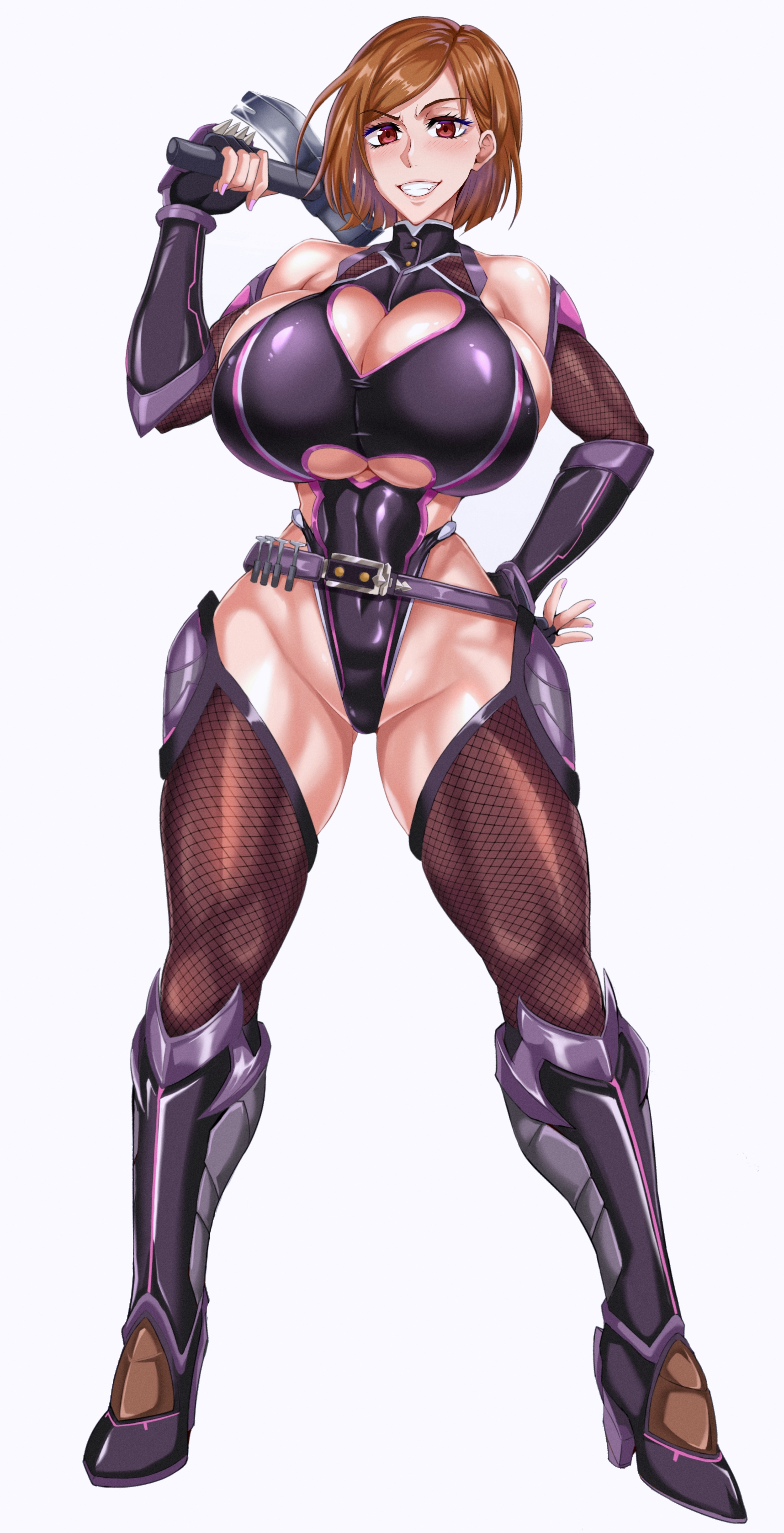 1girls, absurd res, armor, armwear, big breasts, blush, boots, breasts, brown eyes, brown hair, brown-haired female, busty, cleavage, covered navel, covered nipples, covered pussy, cutout, dominant female, dominatrix, eyelashes, female, female focus, female only, fishnets, fit, fit female, front view, hammer, hand on hip, heart cutout, hi res, high heels, high resolution, highres, holding object, huge breasts, jet puri, jujutsu kaisen, kugisaki nobara, large breasts, latex, legs apart, legwear, light skin, light-skinned female, lipstick, looking at viewer, mistress, muscular, muscular female, partially clothed, pink nails, pose, posing, pussy, revealing clothes, shiny, shiny clothes, shiny skin, short hair, simple background, smile, smiling, solo, solo female, solo focus, standing, stockings, taimanin (series), taimanin suit, teeth, thick thighs, thighhighs, thighs, tight, tight clothing, tight fit, underboob cutout, white background, wide hips