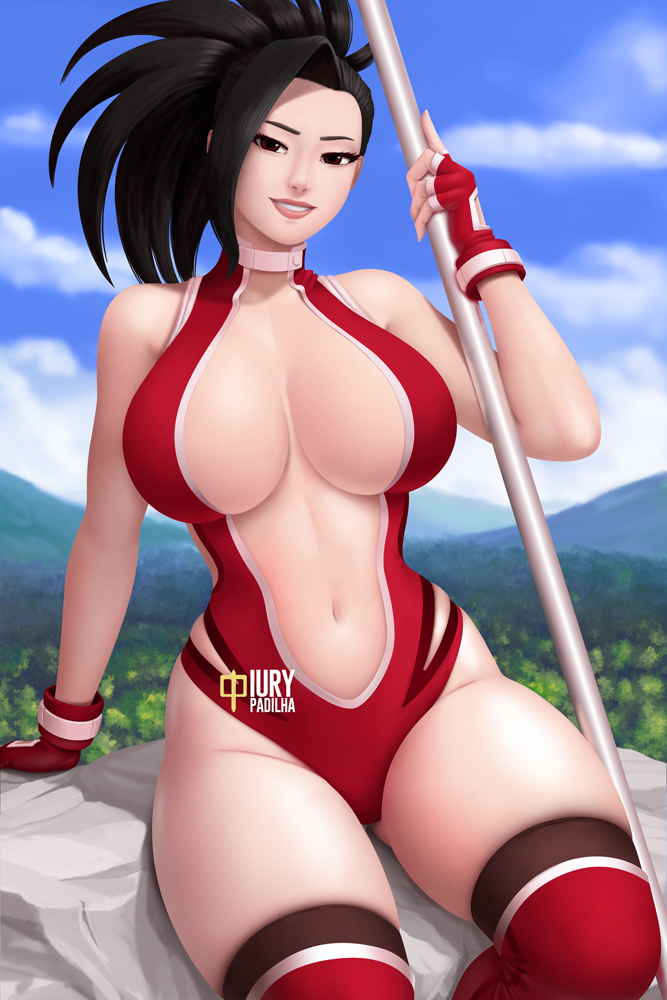 1girls, abs, asian, ass, black eyes, black hair, black-haired female, breasts, brown eyes, clothing, female, female only, fingerless gloves, hero outfit (mha), hourglass figure, huge ass, huge breasts, human, human female, iury padilha, large breasts, leotard, light-skinned female, linea alba, looking at viewer, momo yaoyorozu, momo yaoyorozu (hero outfit), my hero academia, navel, outdoors, outside, revealing clothes, slim waist, smile, solo, staff, superheroine, thick thighs, thighhighs, thighs, voluptuous, wide hips
