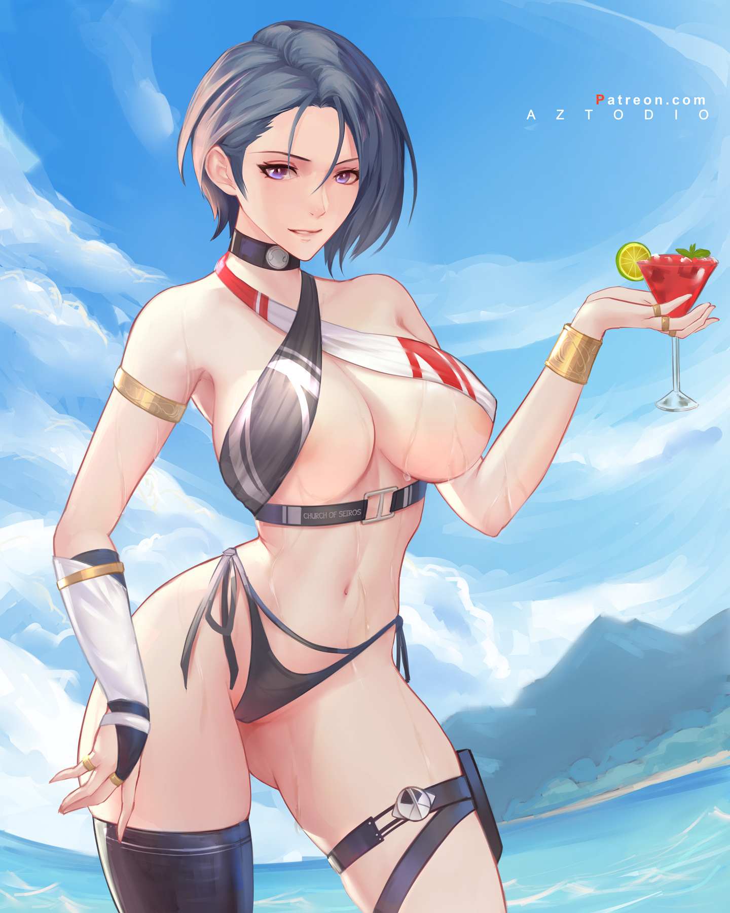 1girls, alternate costume, alternate version available, asymmetrical hair, azto dio, bikini, bikini bottom only, black hair, blue sky, breasts, cleavage, cloud, commentary, cowboy shot, criss-cross halter, drink, english commentary, female, fire emblem, fire emblem: three houses, halterneck, highres, holding, holding drink, large breasts, multi-strapped bikini, navel, nintendo, ocean, red eyes, revision, rock, shamir nevrand, short hair, side-tie bikini, single thighhigh, sky, solo, swimsuit, thigh strap, thighhighs, underbust, wet