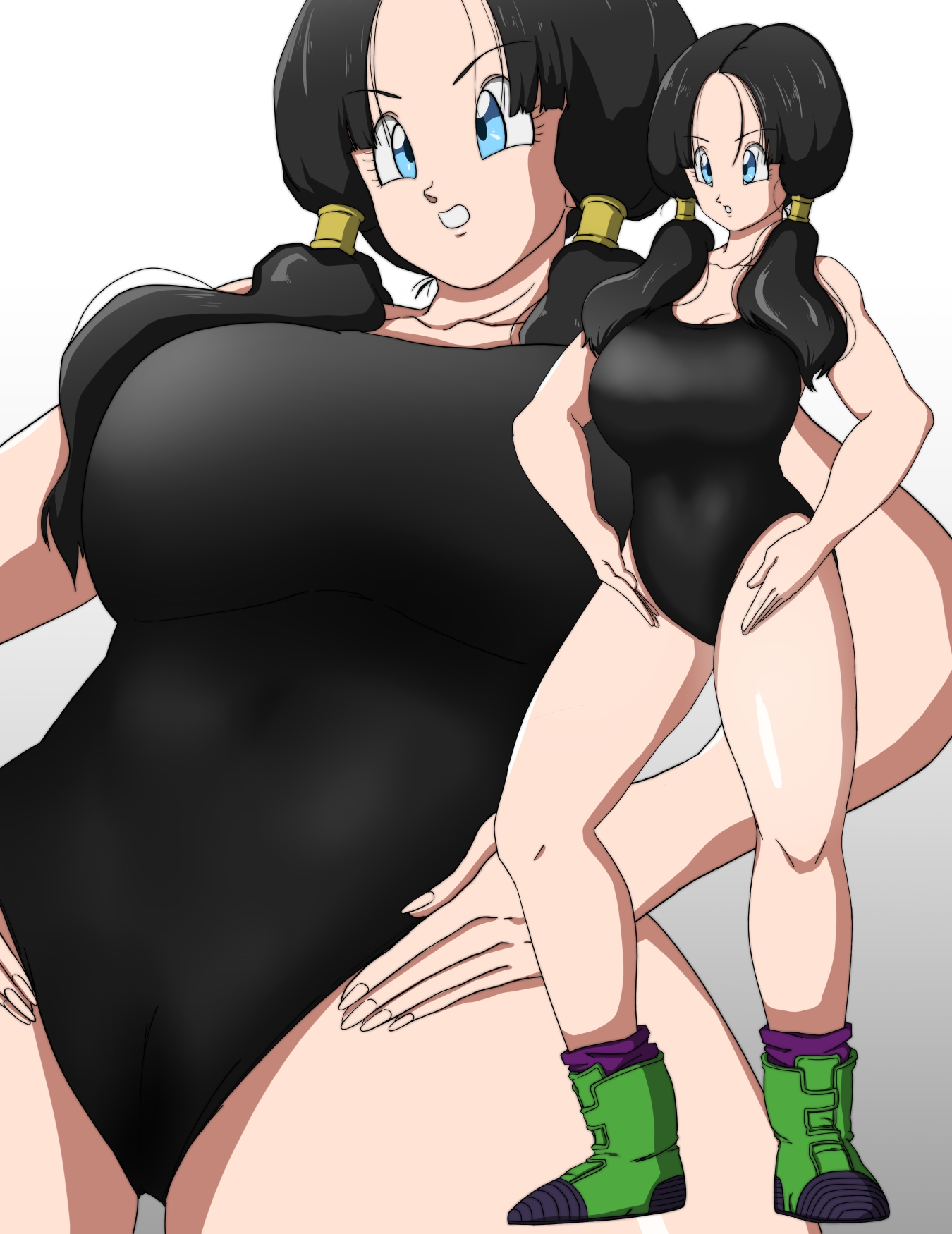 big breasts, black hair, blue eyes, breasts, busty, dragon ball, dragon ball z, female, hazama null, light skin, light-skinned female, open mouth, swimsuit, swimwear, thick thighs, tight clothing, twintails, videl