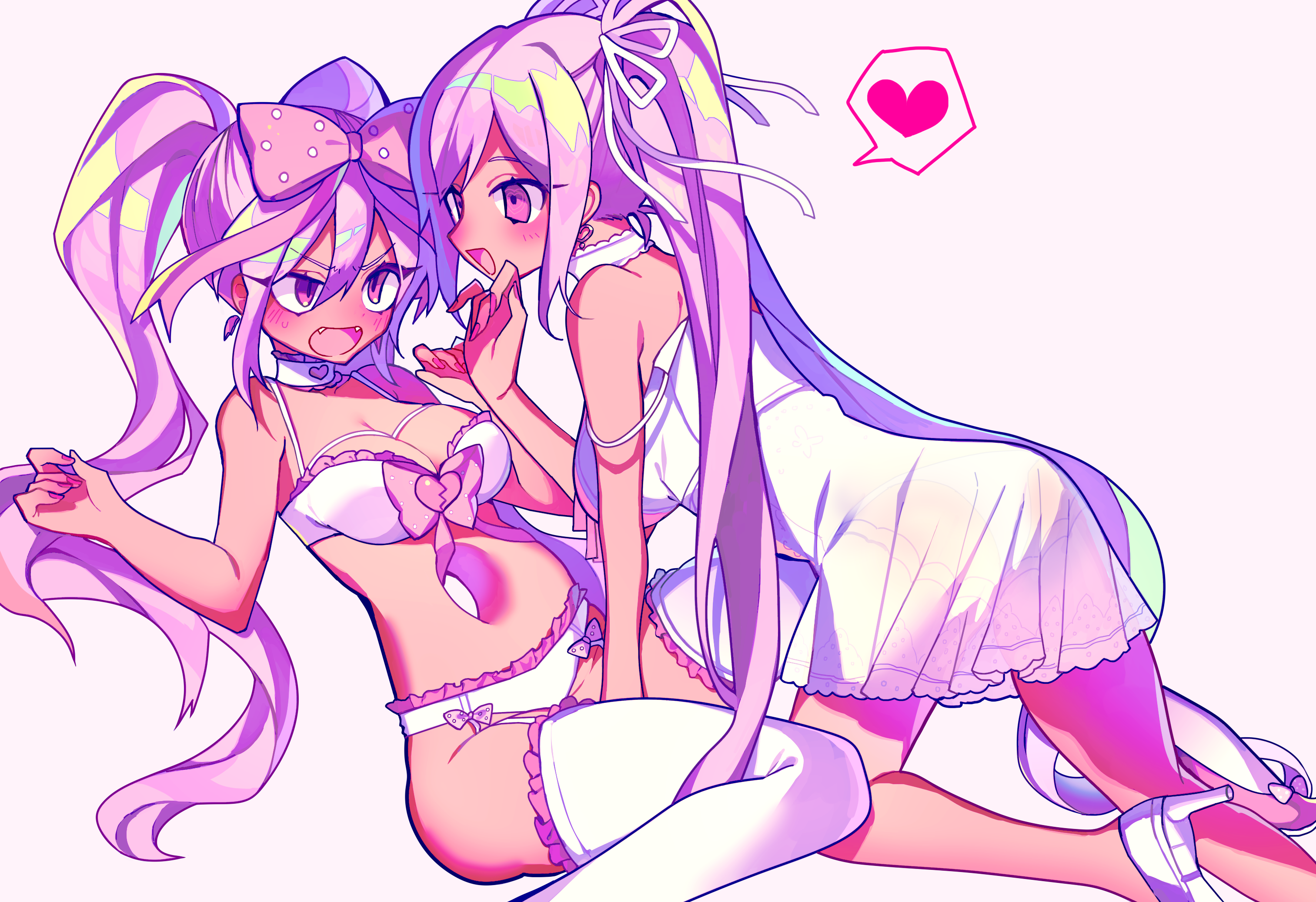 2girls, blush, bra, female, female only, heart, lingerie, long hair, omori, panties, perfectheart (omori), pink eyes, pink hair, pink theme, selfcest, sweetheart (omori), twintails, yuri