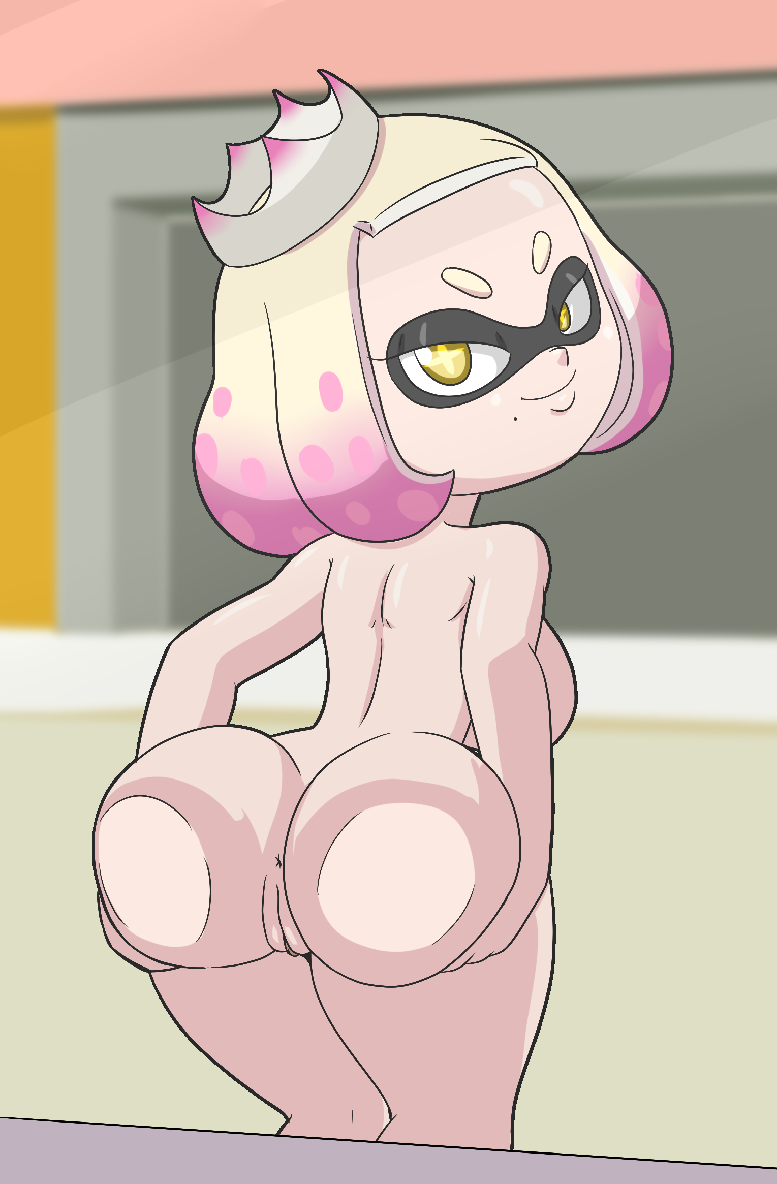 1girls, alternate version available, anus, ass, ass grab, ass on glass, big ass, breasts, crown, female, female only, focus, inkling, looking at viewer, naked, nintendo, pearl (splatoon), presenting hindquarters, pussy, short hair, smile, splatoon, tansau, two-tone hair, vagina, yellow eyes