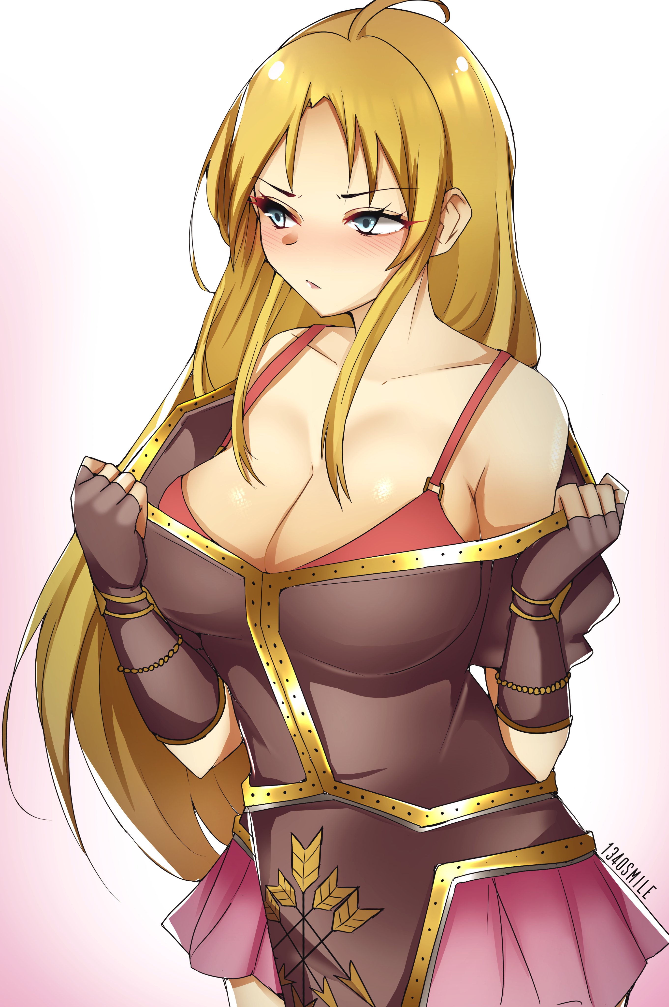 1340smile, 1girls, big breasts, blonde hair, blue eyes, bra, breasts, clarisse (fire emblem), clothed, clothing, collarbone, commission, commission art, female, female only, fire emblem, fire emblem: new mystery of the emblem, frown, large breasts, light skin, light-skinned female, nintendo, off shoulder, skirt, solo, undressing
