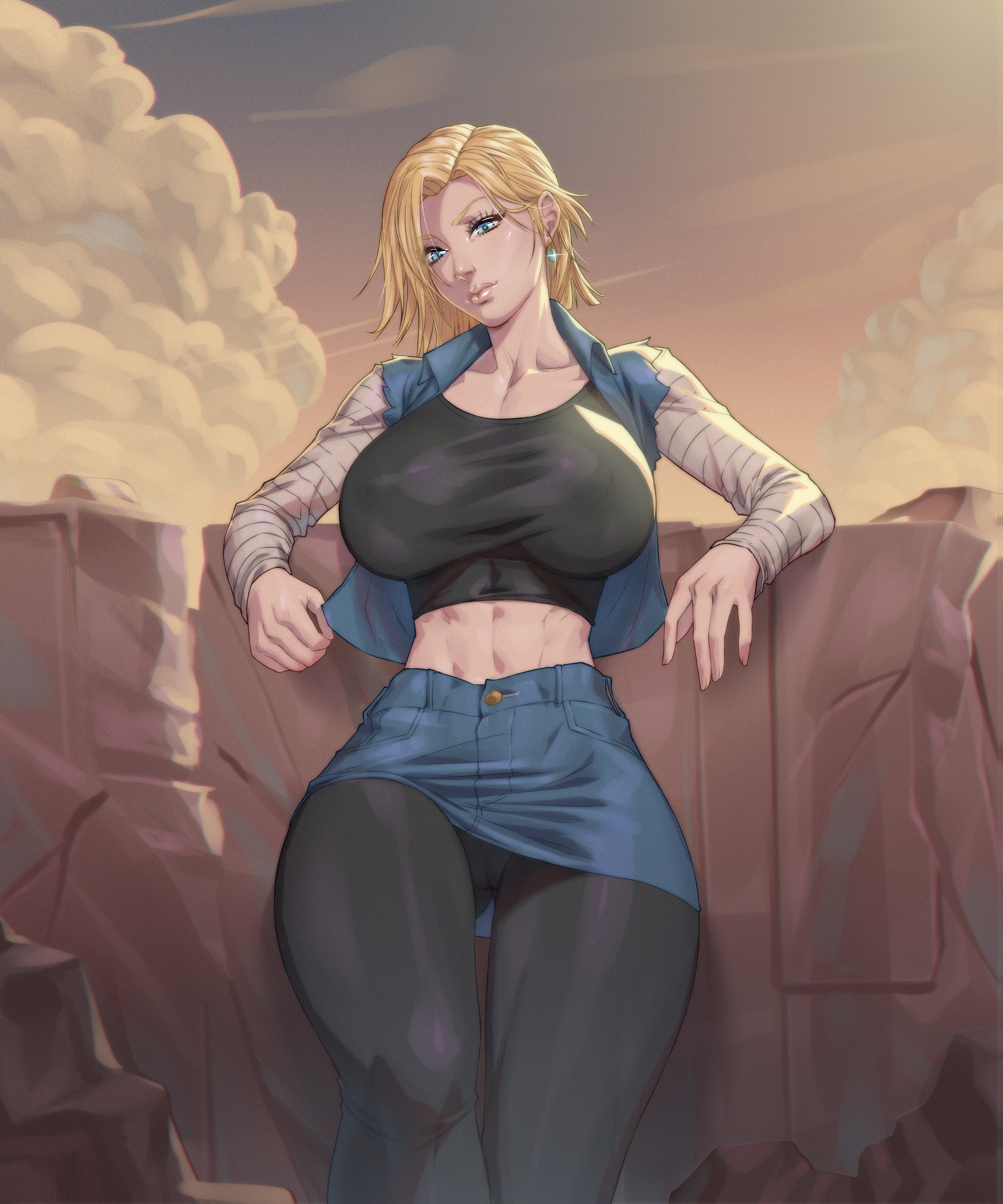 1girls, alternate version available, android 18, arttoru, athletic, athletic female, blonde hair, blue eyes, breasts, dragon ball, dragon ball z, female, female only, fully clothed, hourglass figure, huge breasts, solo, thick thighs