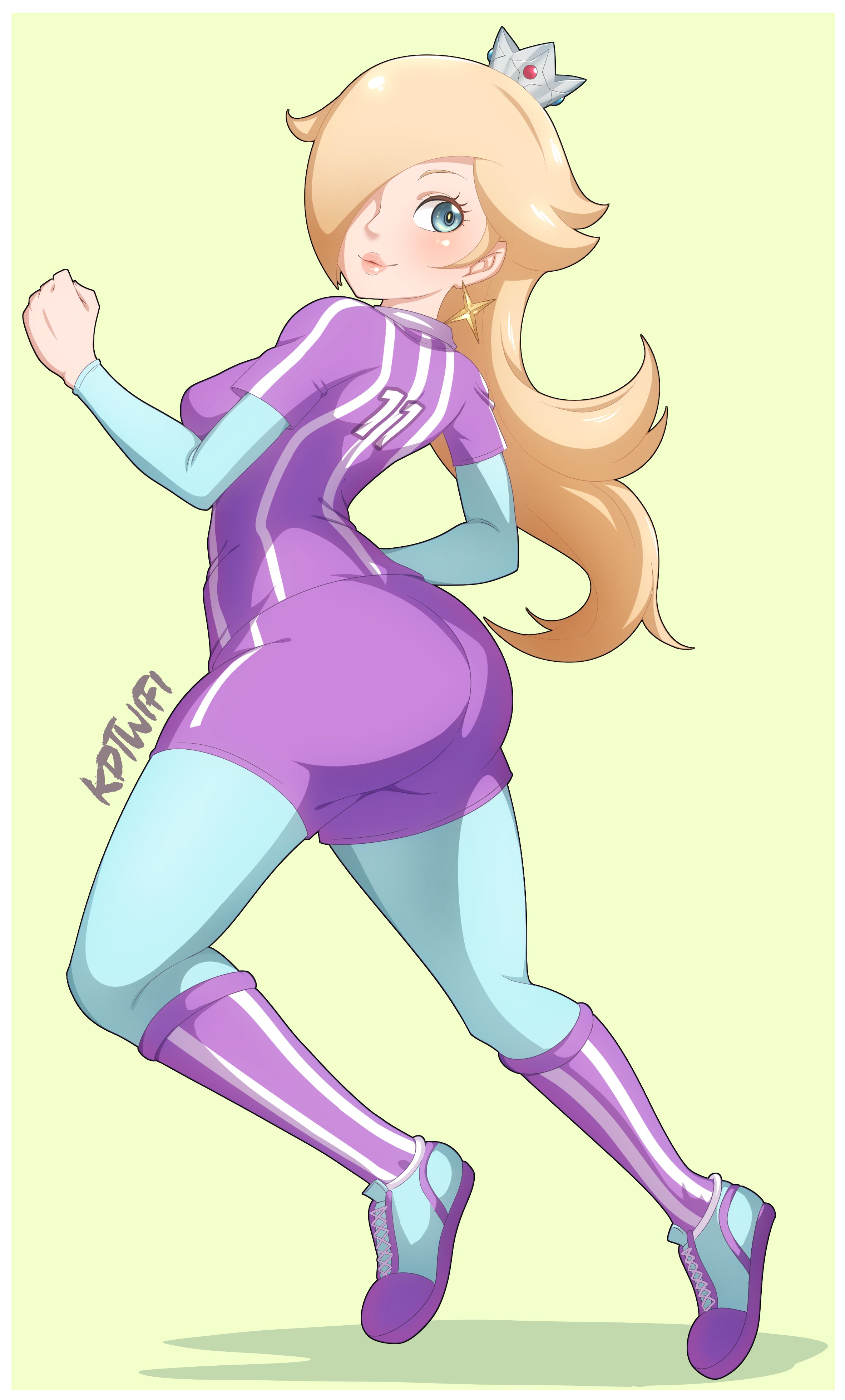 ass, blonde hair, blue eyes, breasts, clothed, clothing, female, kdtwifi, lipstick, mario (series), mario strikers, nintendo, princess rosalina, sideboob, tagme