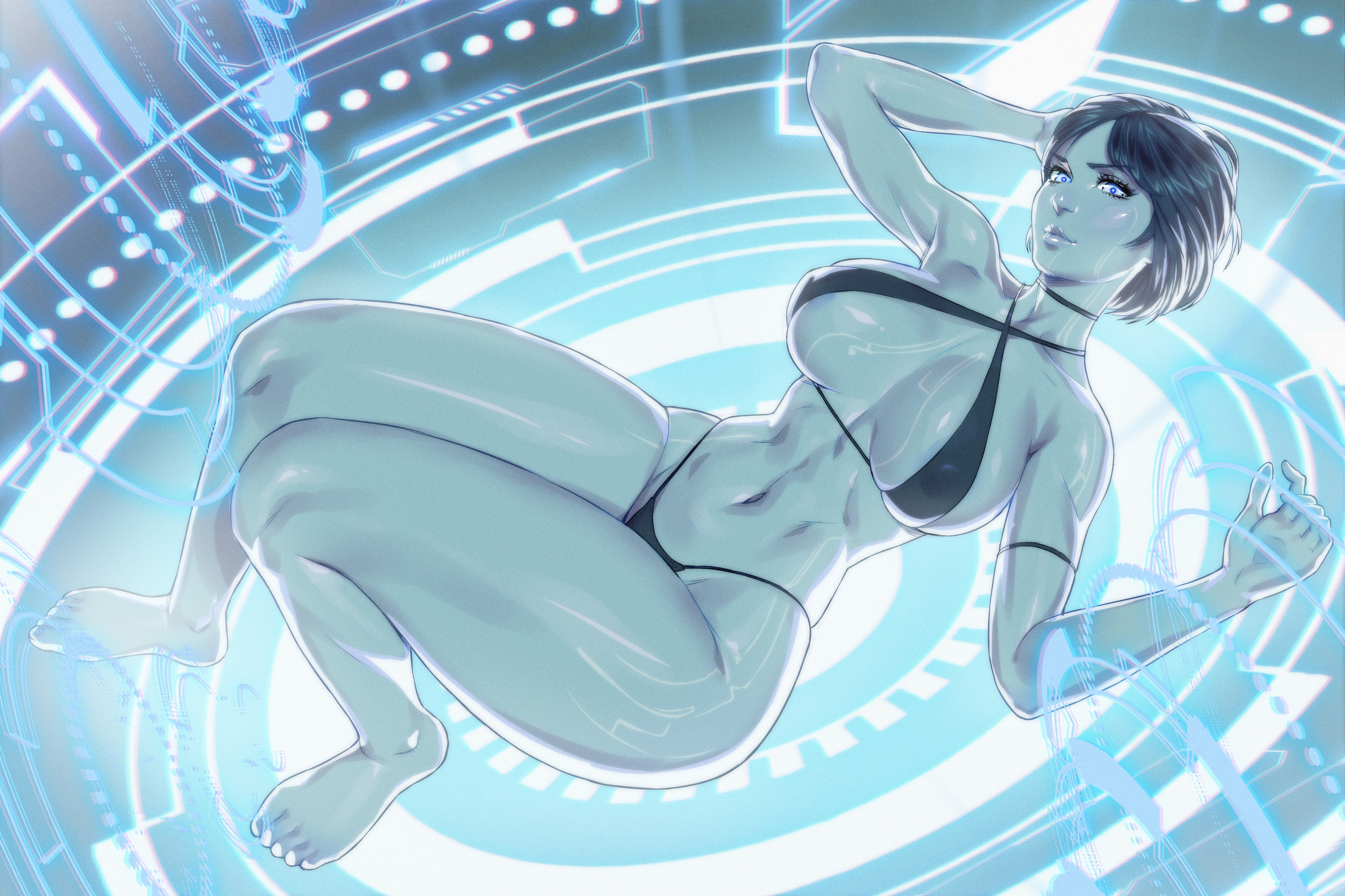 1girls, 2d, artificial intelligence, arttoru, athletic, athletic female, big breasts, bikini, breasts, cortana, female, female only, halo (game), halo (series), laying down, solo, thick thighs