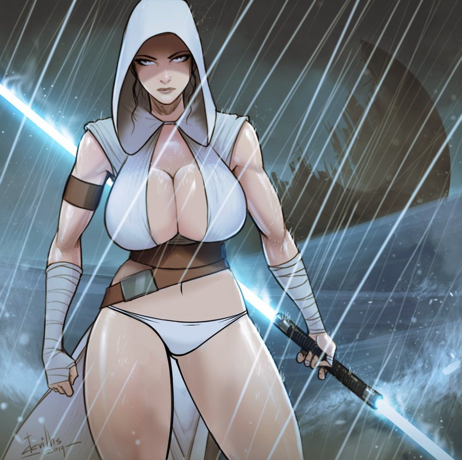 1girl 1girls 2019 armband bandages belt blue_eyes breasts brown_hair cape cleavage clothing devil_hs double_bladed_lightsaber energy_sword female female_only holding holding_weapon hood hood_up huge_breasts large_breasts lightsaber looking_at_viewer navel rain rey science_fiction solo star_wars sword thick_thighs thighs underwear weapon wet white_panties