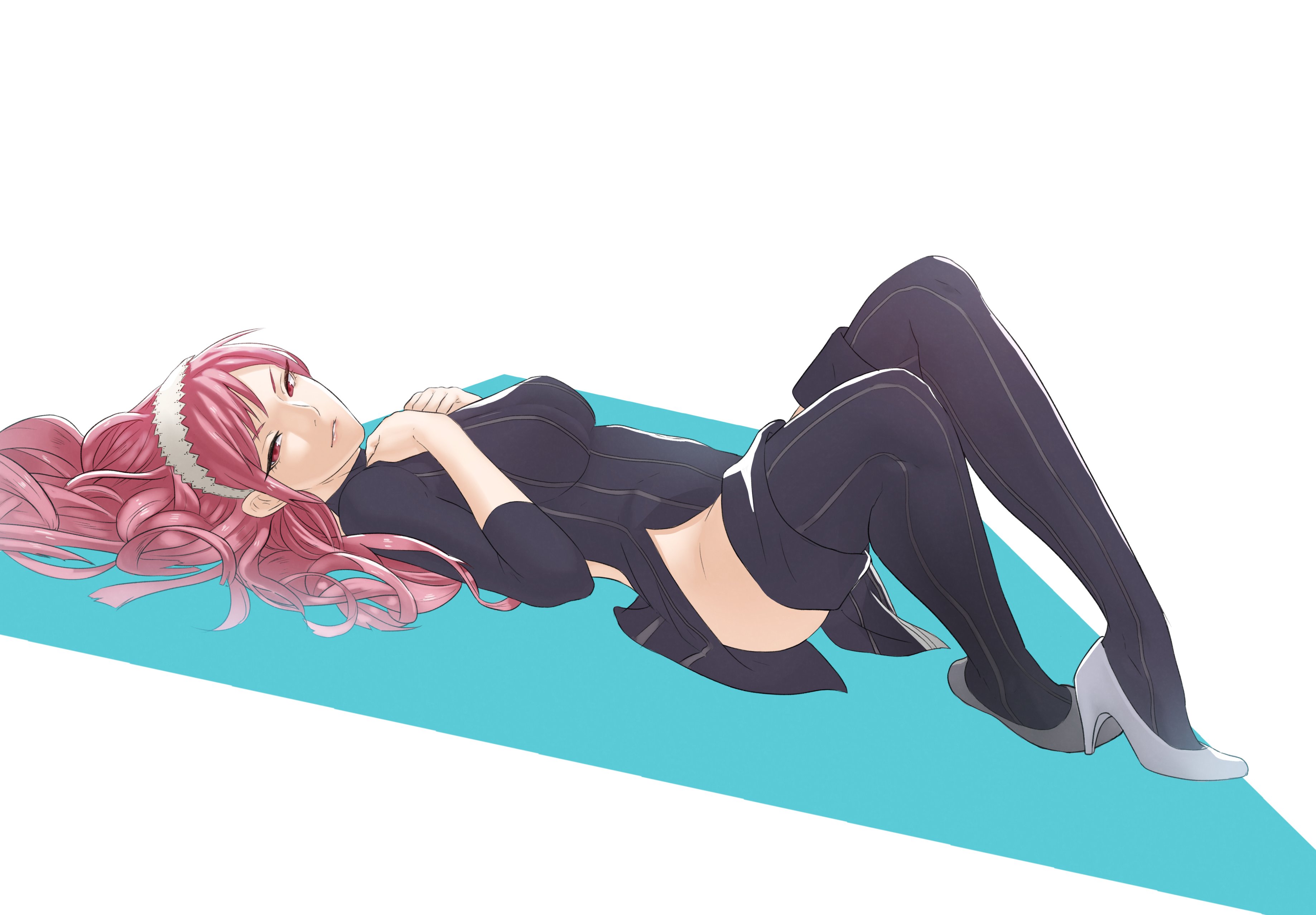 1girls, absurdres, backless outfit, boots, breasts, cherche (fire emblem), dress, female, female only, fire emblem, fire emblem awakening, heels, high heels, highres, long hair, looking at viewer, lying, maid headdress, medium breasts, nintendo, on back, pelvic curtain, pink eyes, pink hair, pomelomelon, solo, thigh boots, thighhighs, thighs, white background