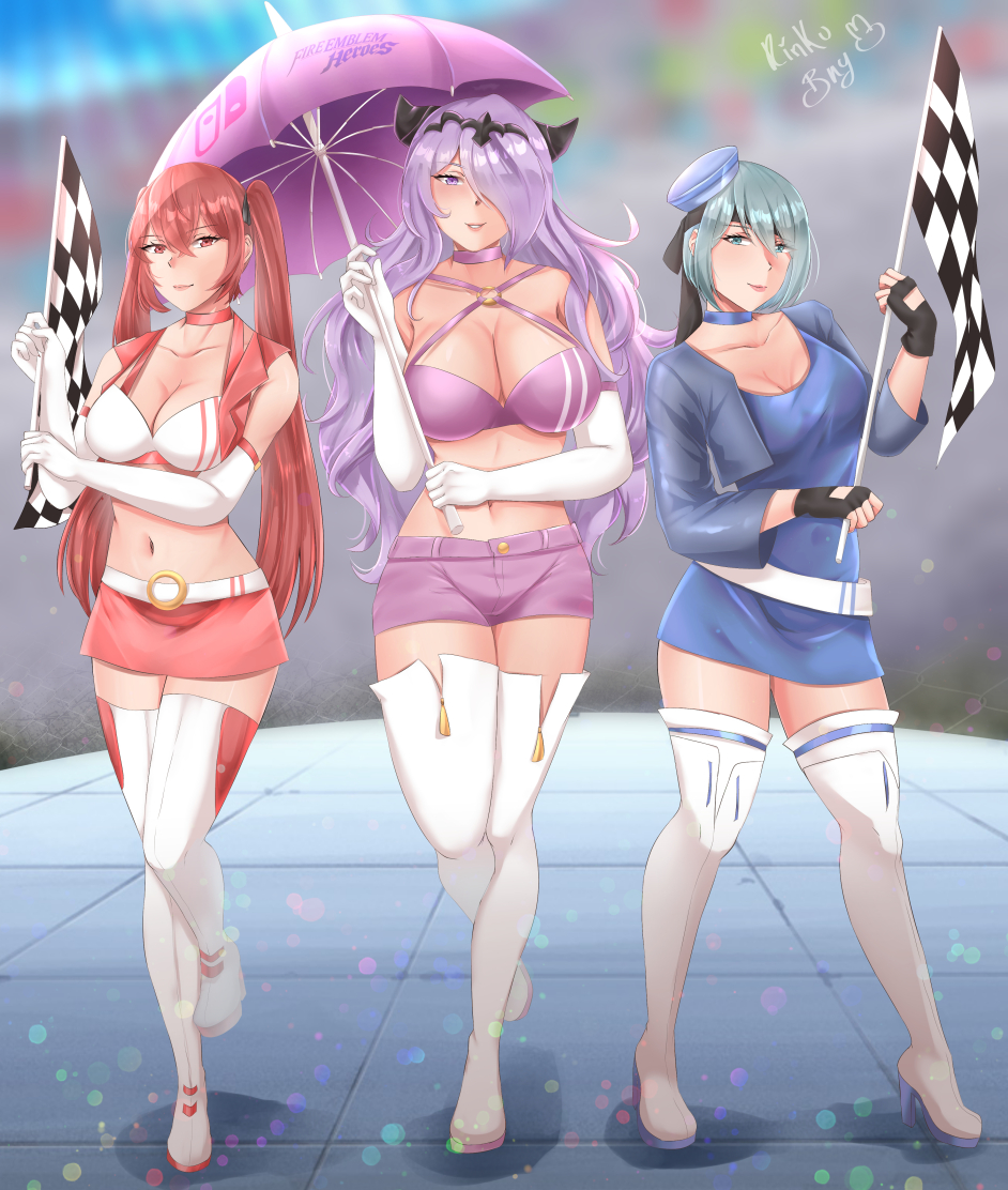 2d 3girls alternate_costume bare_midriff bare_thighs beruka_(fire_emblem) blue_eyes blue_hair boots breasts camilla_(fire_emblem) checkered checkered_flag choker cleavage elbow_gloves female female_only fingerless_gloves fire_emblem fire_emblem_fates flag gloves hair_over_one_eye hat jacket large_breasts long_hair looking_at_viewer medium_breasts midriff multiple_girls nintendo parasol purple_eyes purple_hair race_queen red_eyes red_hair rinku_bny selena_(fire_emblem_fates) severa_(fire_emblem) skirt smile standing thigh_boots thighs twintails umbrella very_long_hair wavy_hair white_boots