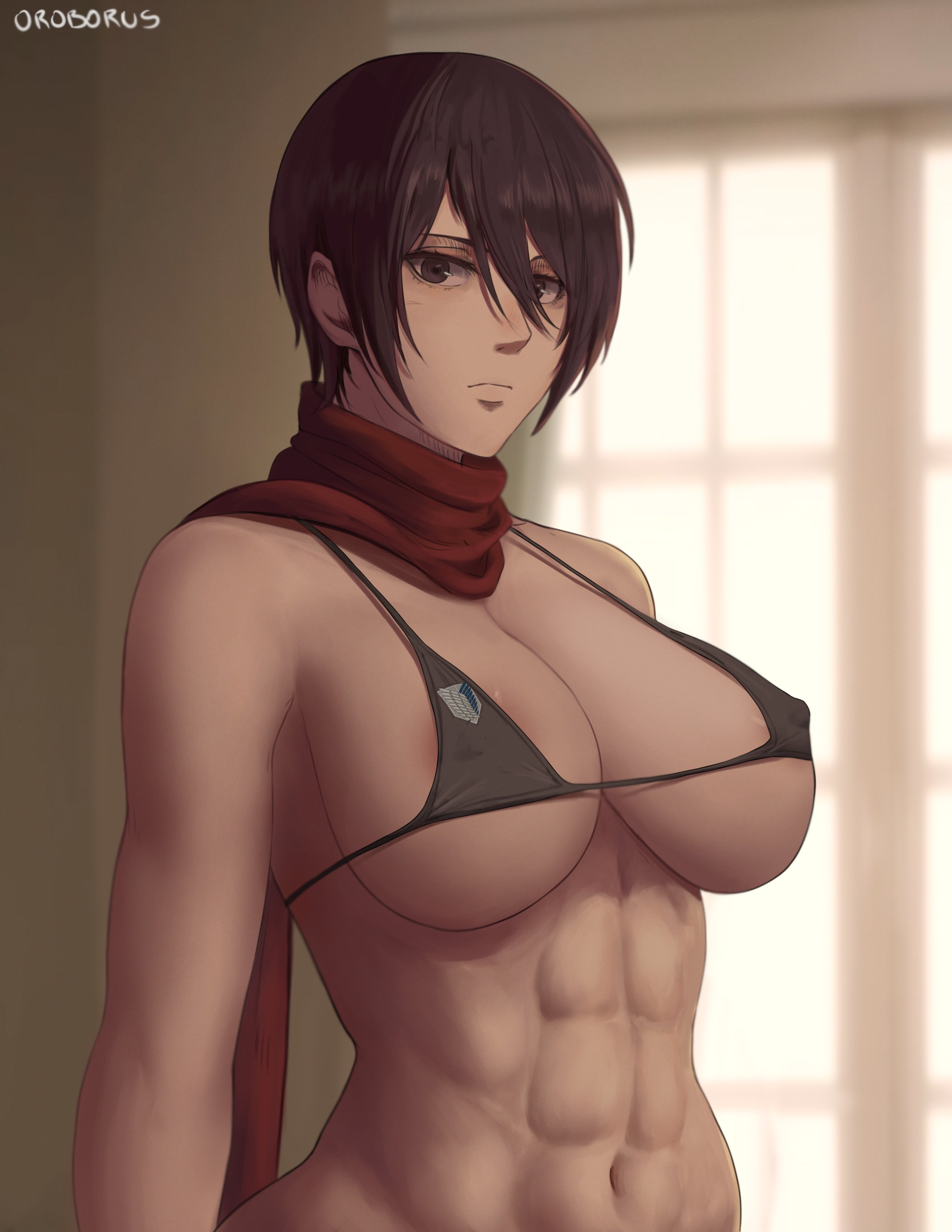 1girls, abs, attack on titan, belly button, big breasts, bikini top, black eyes, black hair, breasts, female, female only, large breasts, looking at viewer, mikasa ackerman, muscular, muscular female, oroborusart, savagexthicc, scarf, shingeki no kyojin, short hair, solo, solo female, voluptuous