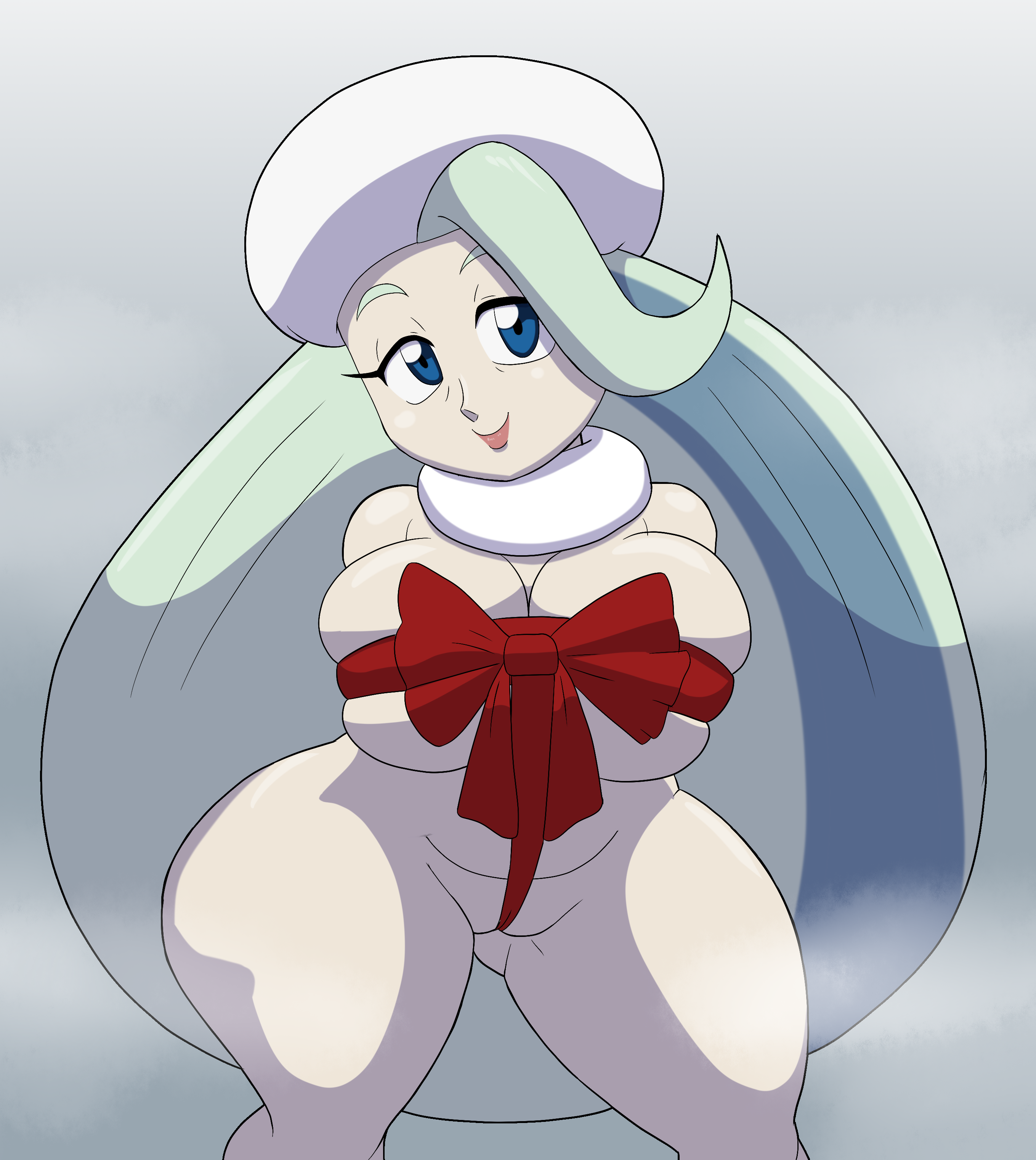 1girls, ass, ass visible through thighs, big breasts, blue hair, breasts, curvy, female, female only, hat, huge breasts, long hair, looking at viewer, mature female, melony (pokemon), milf, mother, pokemon, pokemon ss, present, ribbon, solo, solo female, tansau, thick thighs, white hair, wide hips, wrapped