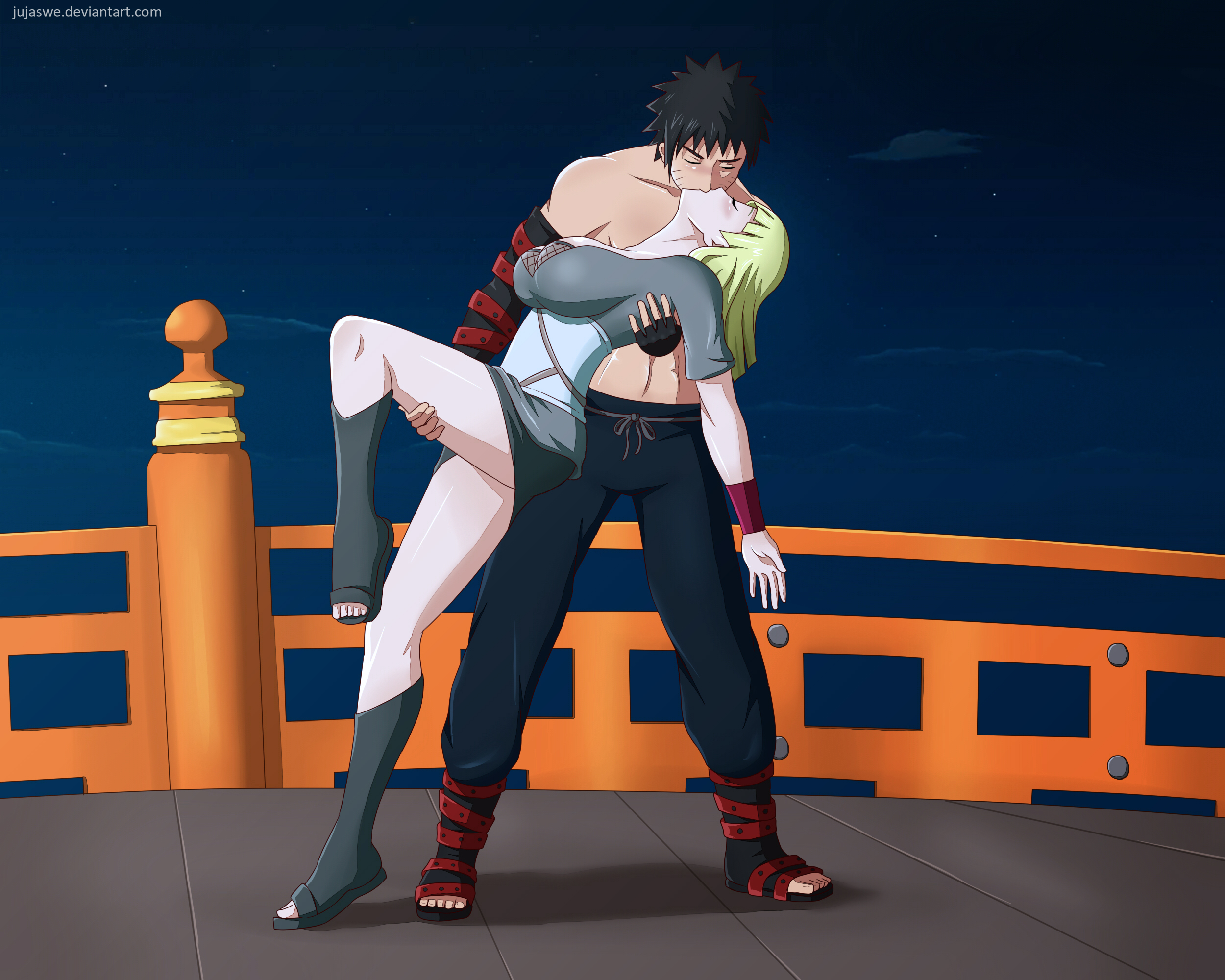 1boy, 1girls, adult, age difference, arm gloves, arm sleeves, bare legs, bare shoulders, big breasts, black hair, blonde hair, blush, bob cut, boots, breasts, bridge, busty, carrying, closed eyes, dark, female, female focus, femsub, fingerless gloves, fit, fit female, french kiss, half-dressed, jujaswe, kimono, kissing, large breasts, leaning, leaning back, leg lift, leg up, light skin, light-skinned female, light-skinned male, long hair, male, male/female, mature, mature female, mostly clothed, naruto, naruto (series), naruto shippuden, naruto: road to ninja, night, no bra, older female, older female and younger male, outdoors, pants, raised leg, romantic, samui, shirtless, shirtless (male), standing, teenager, thick thighs, tiptoes, uzumaki menma, young, younger male
