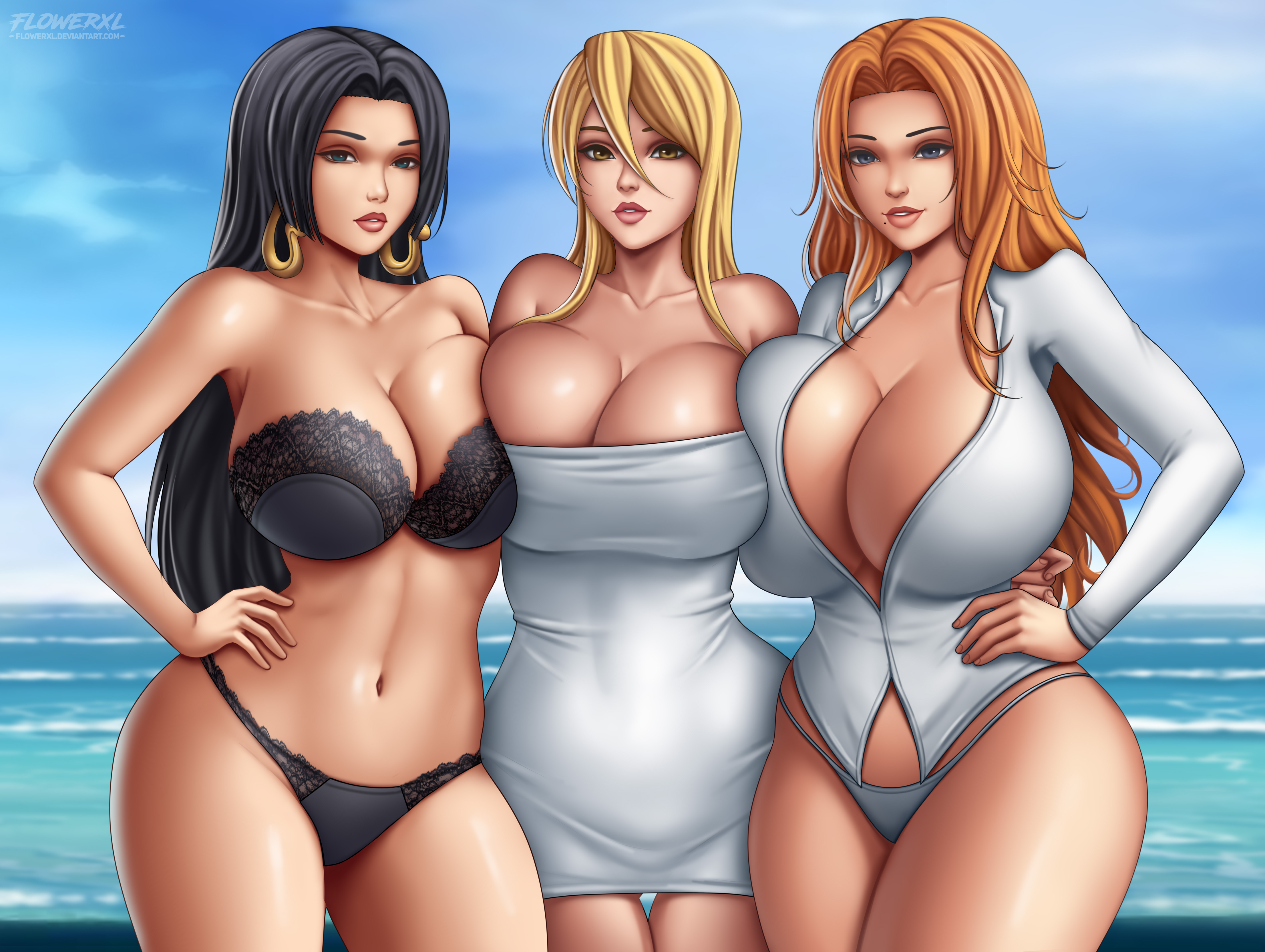 3girls, big breasts, black hair, bleach, blonde hair, boa hancock, bra, breast squeeze, breasts, breasts bigger than head, brown eyes, crossover, earrings, female, female only, flowerxl, highschool of the dead, huge breasts, lace bra, lace panties, large breasts, long hair, massive breasts, matsumoto rangiku, multiple females, multiple girls, one piece, orange hair, panties, shizuka marikawa, thick thighs, thighs