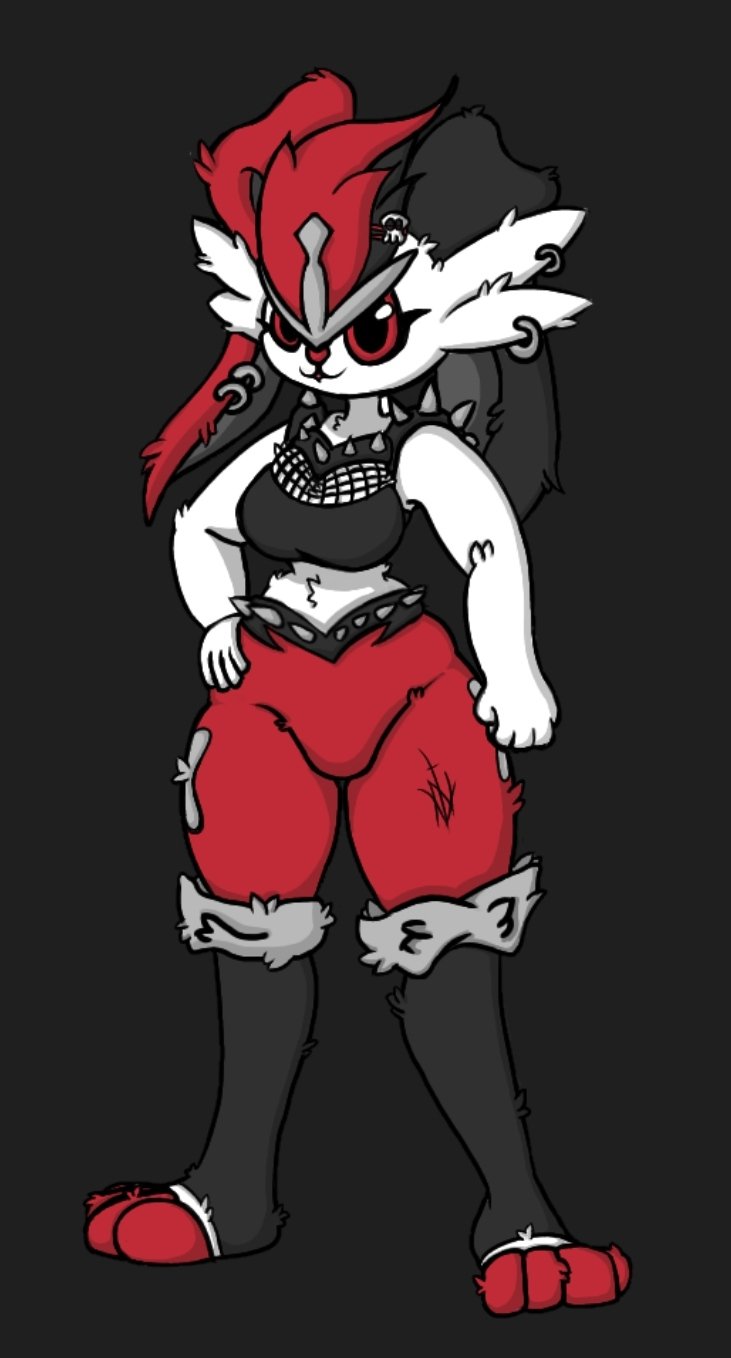 1girls big_breasts black_fur cinderace cosplay dark_background ellie_walls_(odysseyellie) fanart fishnets furry fusion goth grey_fur hair_ornament hairclip lagomorph line_art nuvostalis odysseyellie piercing piercings pokemon red_fur spikes sports_bra thick_thighs white_fur