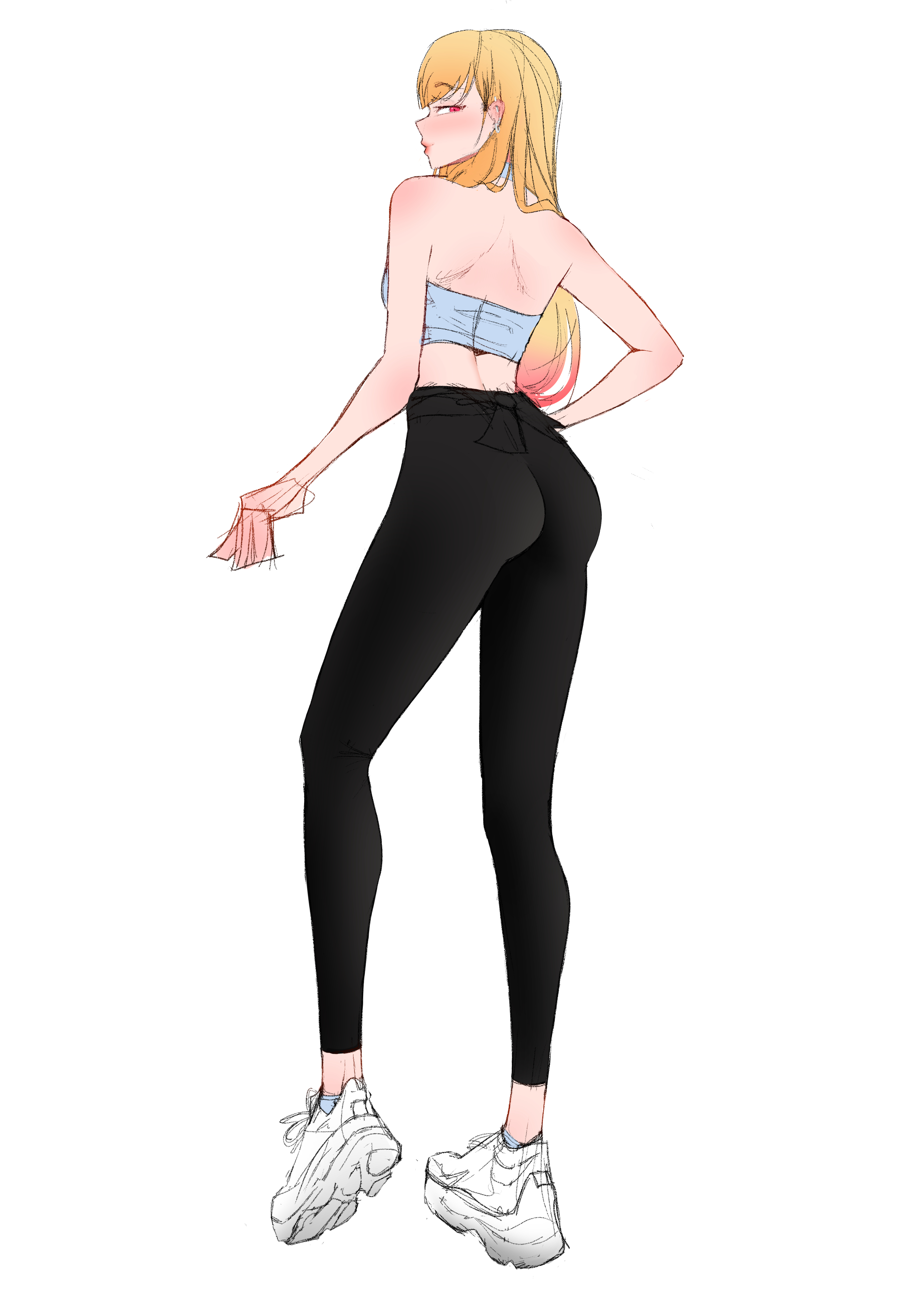 1girls, ankle socks, anklehighs, black pants, blonde hair, blue socks, blush, female, female only, fraankyy, gyaru, hand on hip, kitagawa marin, lips, looking at viewer, looking back, shoes, sidelocks, skin tight, smile, sneakers, socks, solo, sono bisque doll wa koi wo suru, sports bra, sportswear, standing, tall, thick thighs, thighs, tight, tight clothes, tight fit, unfinished, white shoes, work in progress, yoga pants