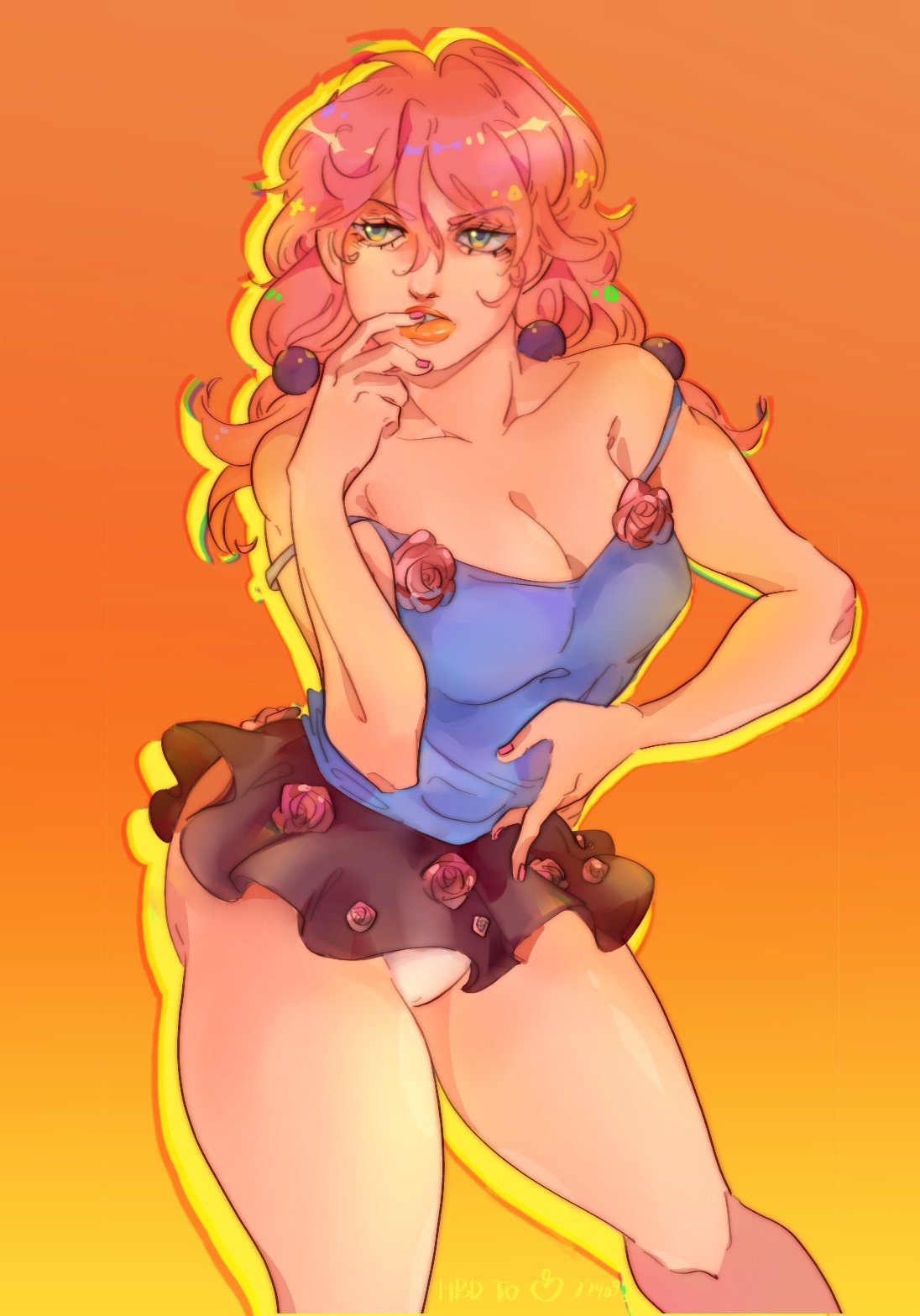 1girls artist_request ass big_breasts blue_eyes blue_shirt breasts cleavage female female_focus female_only finger_on_lip flowers hips jojo's_bizarre_adventure jojolion light-skinned_female light_skin long_hair loose_clothes loose_shirt miniskirt open_clothes open_mouth orange_lipstick panties pink_hair pink_nails pose posing short_skirt simple_background skirt skirt_lift solo solo_female solo_focus thick_thighs thighs white_panties yasuho_hirose yellow_background