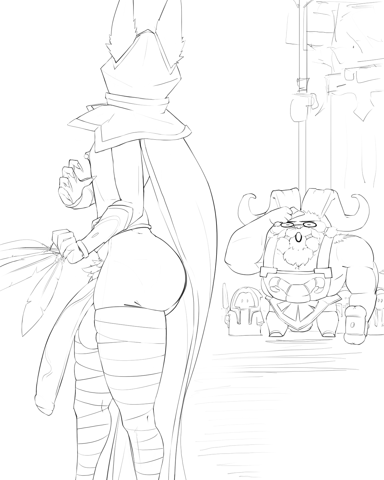 1futa, animal ears, ass, balls, big balls, big penis, clothed, clothing, flat chest, flat chested, foreskin, futa focus, futanari, huge cock, humanoid, intersex, league of legends, long penis, magnetus, monochrome, mostly nude, nipple piercing, nipples, ornn, partially clothed, penis, penis to the knees, piercing, pubic hair, riot games, side view, sketch, solo futa, standing, uncircumcised, veiny penis, xayah