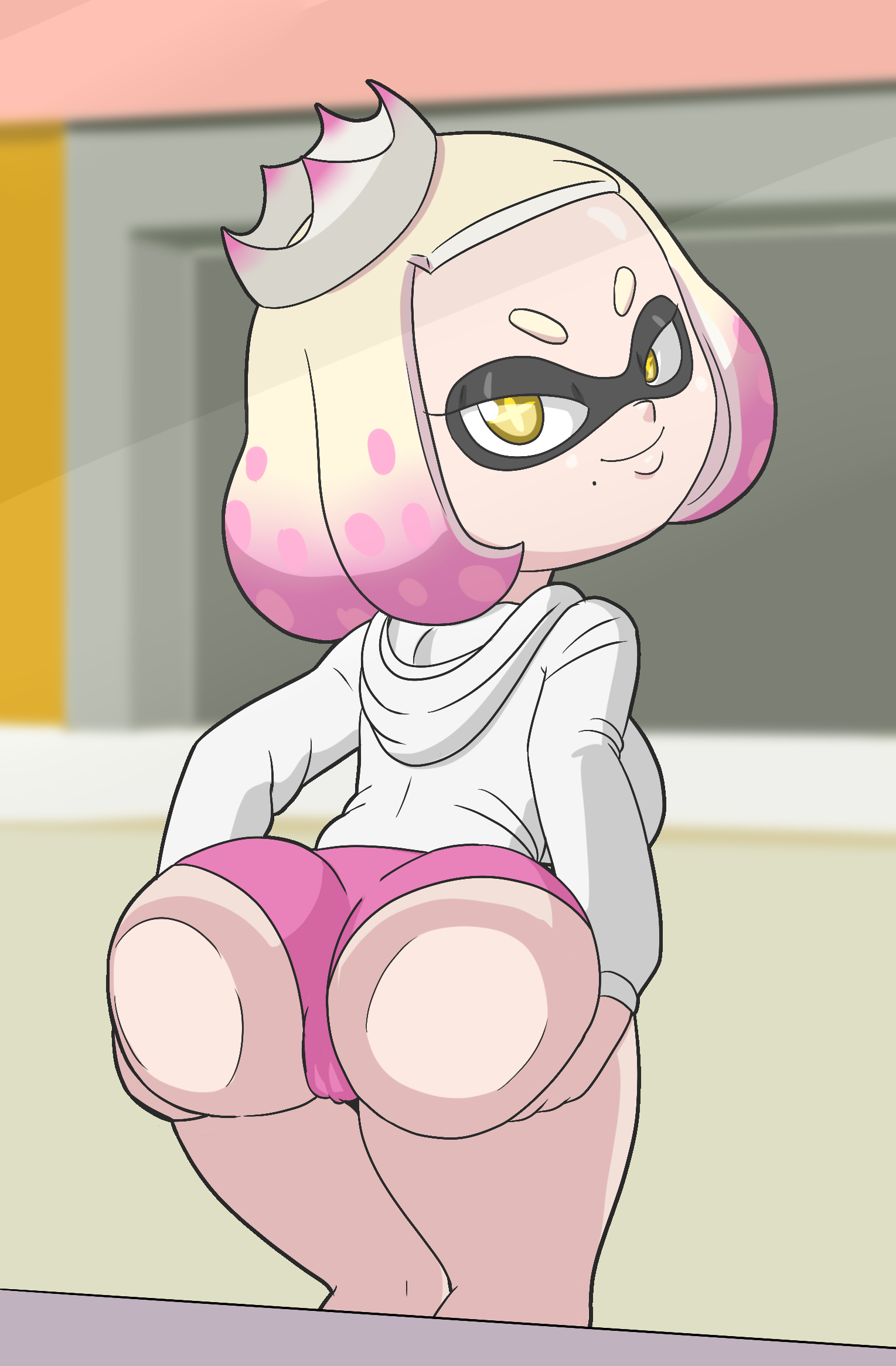 1girls, alternate version available, ass, ass focus, ass grab, ass on glass, big ass, breasts, crown, female, female only, huge ass, inkling, looking at viewer, nintendo, pearl (splatoon), pink shorts, short hair, shorts, solo, solo female, splatoon, tansau, two-tone hair, white jacket, yellow eyes
