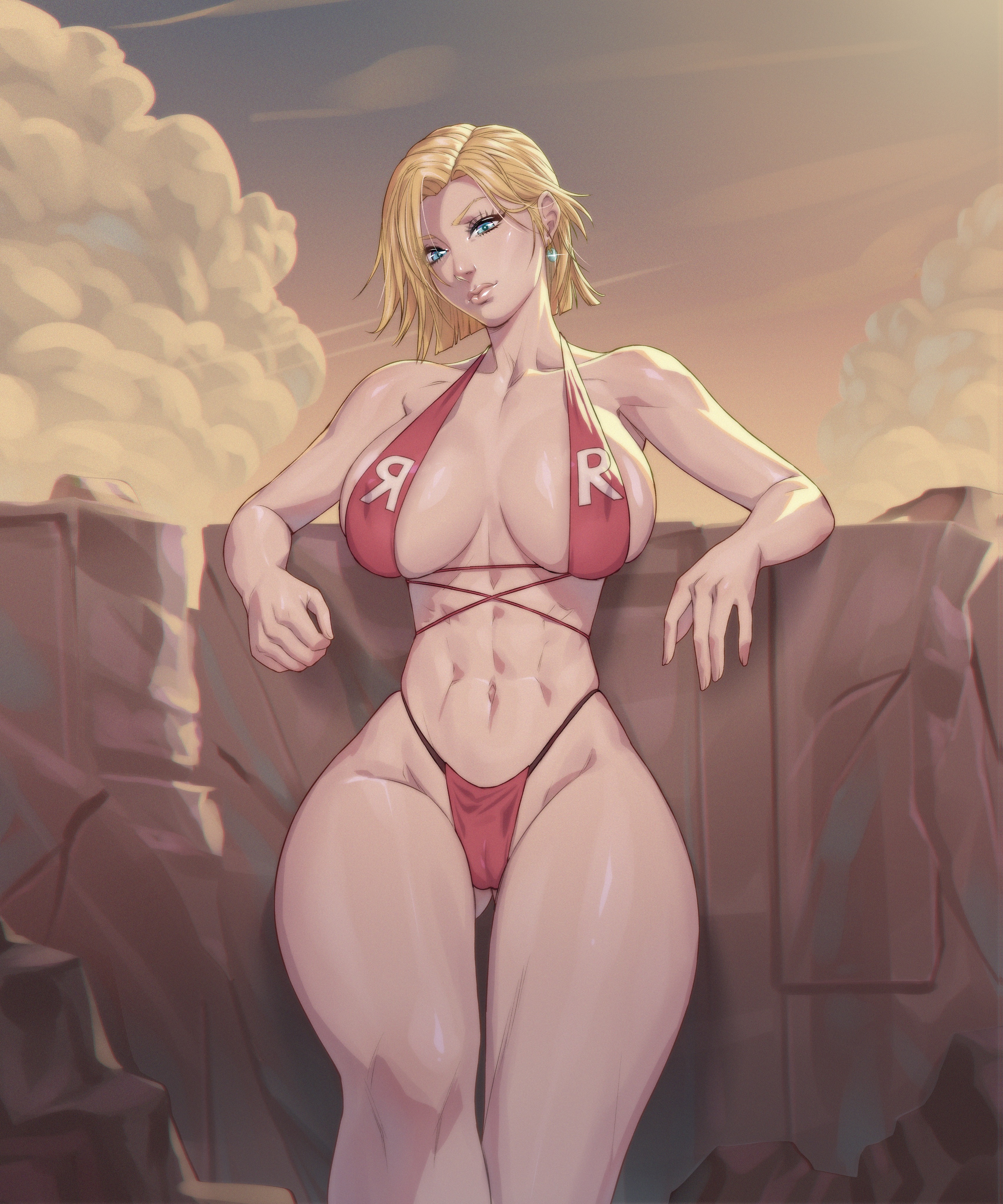 1girls, alternate version available, android 18, arttoru, athletic, athletic female, bikini, blonde hair, blue eyes, breasts, dragon ball, dragon ball z, female, female only, hourglass figure, huge breasts, solo, swimsuit, thick thighs, thong, thong bikini
