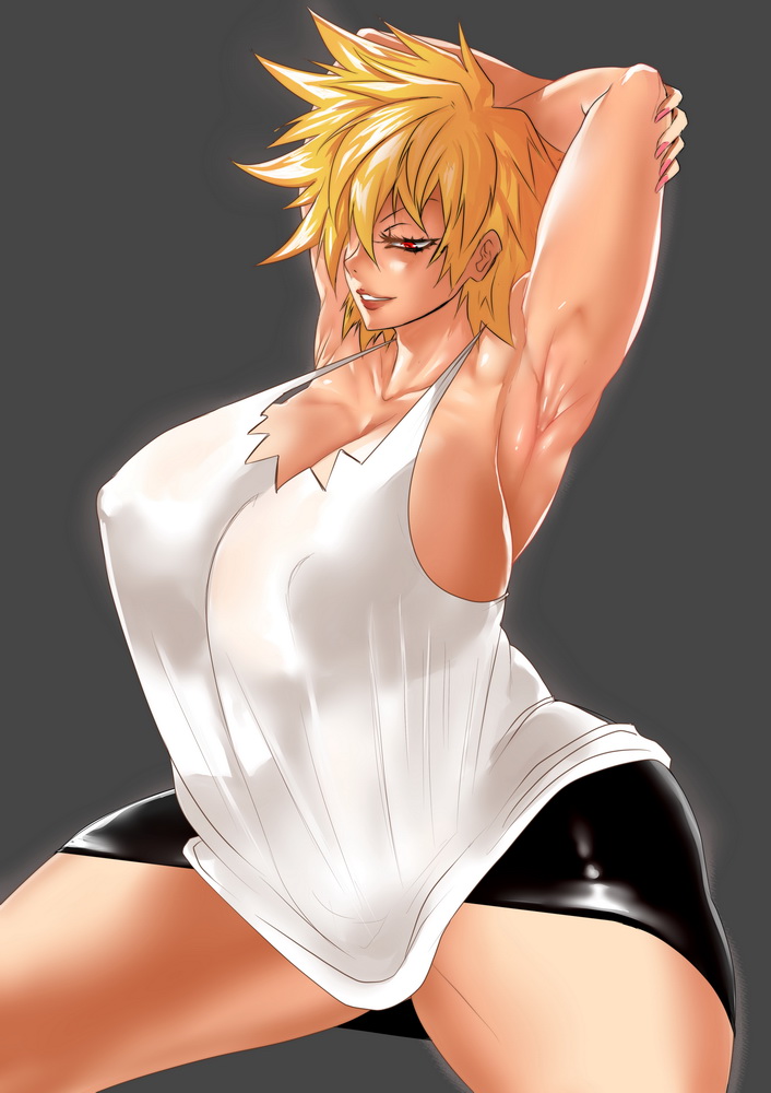 1girls, big breasts, black shorts, blonde hair, breasts, female, female only, huge breasts, hukiguni, looking at viewer, mature female, milf, mitsuki bakugou, mother, my hero academia, nipple bulge, nipples, red eyes, shorts, solo, solo female, white shirt
