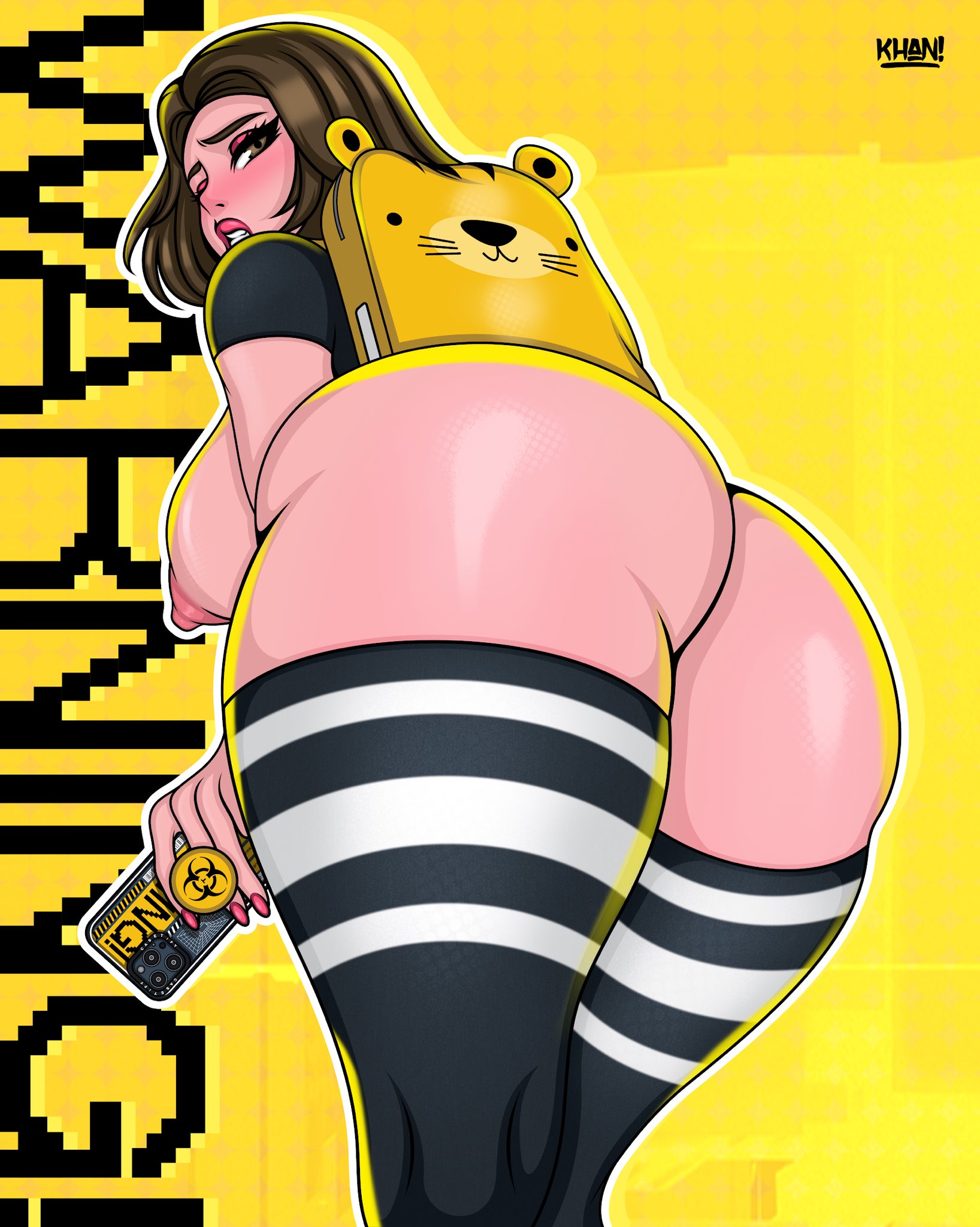 1girls, alternate version available, areola, areolae, ass, ass focus, backboob, backpack, bare ass, big ass, big breasts, big butt, blush, blushing, breasts, brown hair, bubble ass, bubble butt, elena (ecchijack), eyeshadow, fat ass, female, female focus, female only, flatillustratorkhan, howardk, howardk1999, khan!, large ass, large breasts, light skin, light-skinned female, looking at viewer, looking back, nipples, original character, short hair, solo, solo female, tagme, thick thighs, thighs