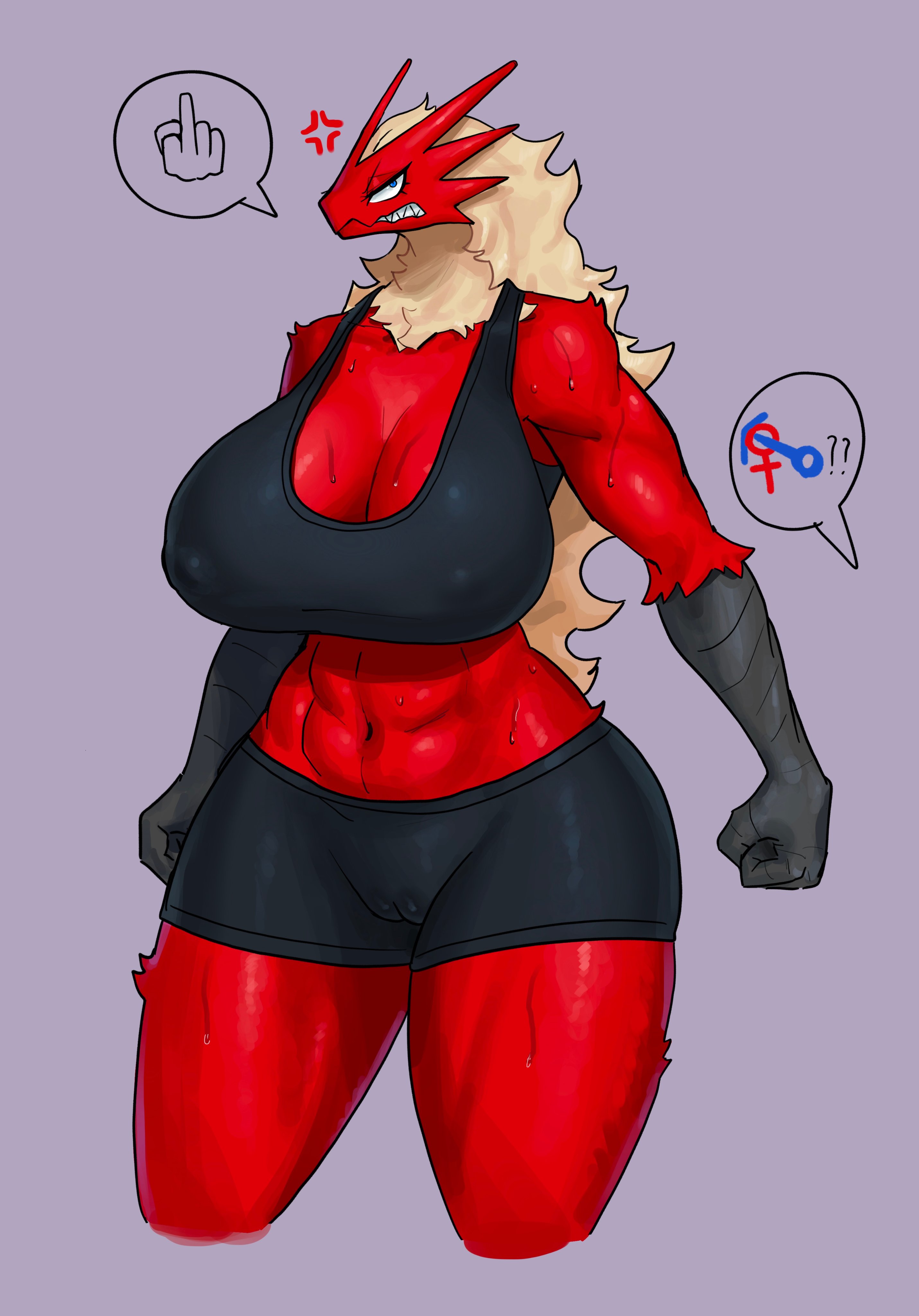 1girls, abs, absurd res, anger vein, angry, angry face, big breasts, blaziken, blue eyes, breasts, cameltoe, clenched hands, female, female only, grey background, im51nn5, looking at viewer, middle finger, narrowed eyes, nintendo, nipple bulge, pokemon, pokemon (species), pokemon only, pokemon rse, pussy, sharp teeth, solo, solo female, speech bubble, sportswear, teeth clenched, thick thighs