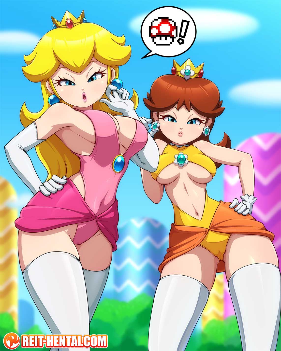 2girls, alternate breast size, big breasts, blonde hair, blue eyes, breasts, brown hair, cameltoe, crown, female, female only, large breasts, leotard, looking at viewer, looking down, mario (series), nintendo, princess daisy, princess peach, pussy, reit, small clothes, super mario bros., tagme, watermark