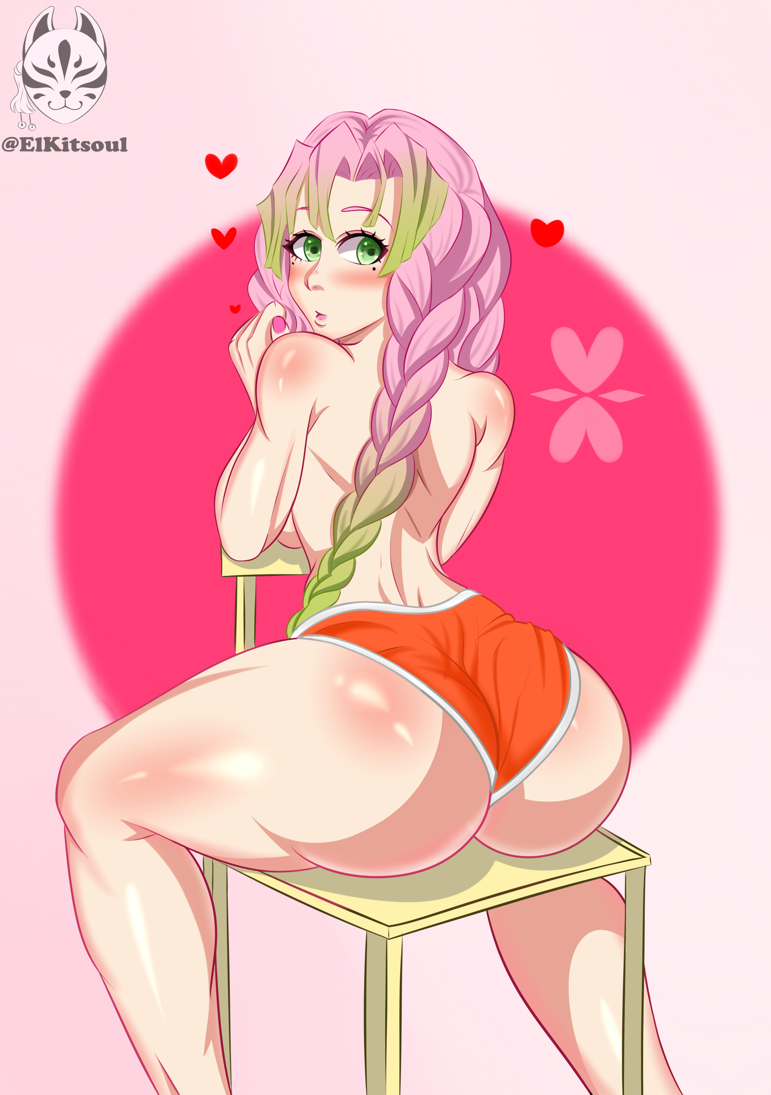 1girls, ass, big ass, blush, booty shorts, braided hair, bubble ass, bubble butt, demon slayer, elkitsoul, female, female only, green eyes, hotpants, huge ass, kanroji mitsuri, kimetsu no yaiba, long hair, looking back, mole under eye, pink background, pink hair, short shorts, sitting, solo, thick thighs, topless, topless female, two-tone hair