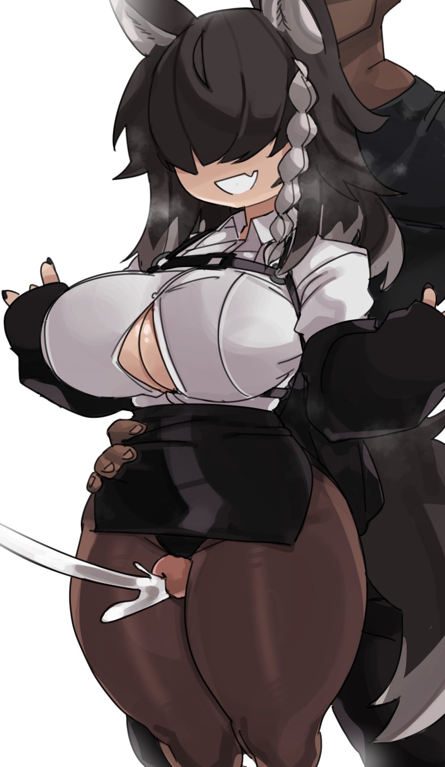 1boy, 1girls, big breasts, black hair, breasts, clothed female, cum, cumshot, dark skin, dark-skinned male, ejaculation between thighs, female, female focus, from behind, hair between eyes, hi res, interracial, light skin, light-skinned female, long hair, male, pantyhose, penis, penis between thighs, smaller female, smile, steam, teeth showing, thick thighs, thigh sex, white background, wolf ears, wolf girl, wolf tail, zanamaoria