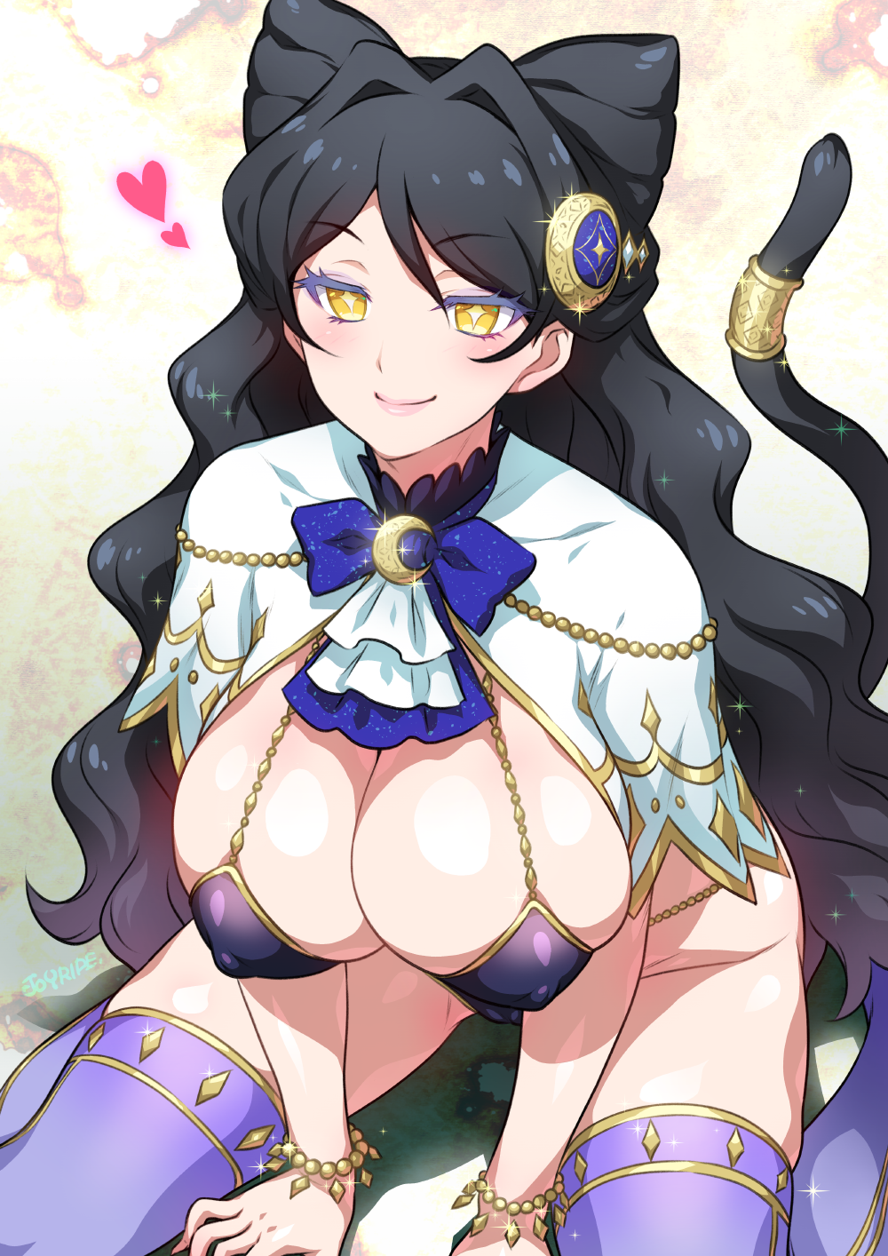 black_hair breasts cat_tail cleavage collarbone commentary_request female female hair_intakes highres joy_ride kiratto_pri_chan large_breasts lips long_hair luluna_(pri_chan) pretty_(series) purple_legwear raised_eyebrows signature smile solo tail thighs yellow_eyes