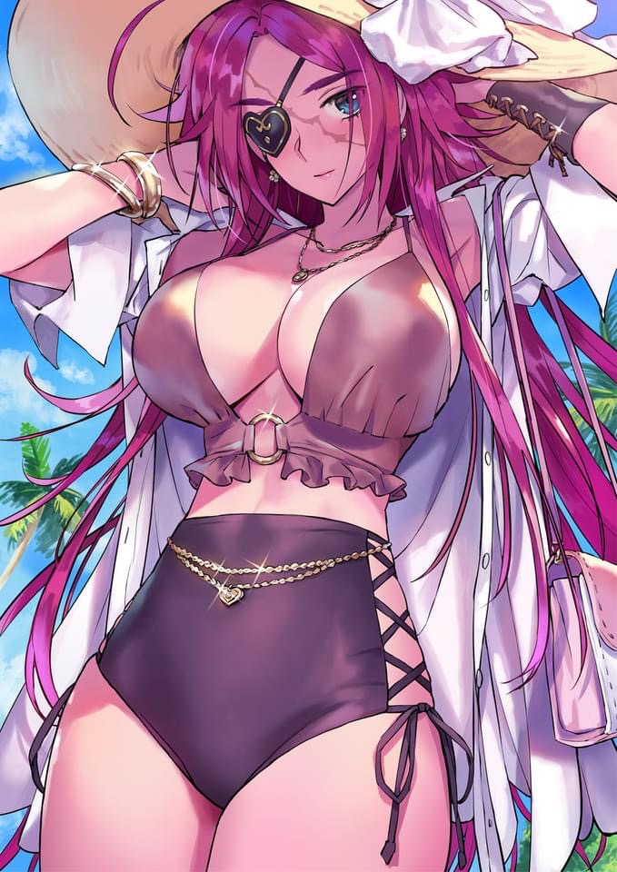 1girls armlet bag bangs bare_shoulders beach belly_chain blue_eyes blush bracelet bracelets breasts busty cleavage collarbone collared_shirt cross-laced_clothes detached_sleeves dress_shirt earrings eye_patch face_scar fate/extra fate/grand_order fate_(series) francis_drake_(fate) hat high_waisted_bikini high_waisted_bottomwear jewelry large_breasts long_hair looking_at_viewer matsuda_(matsukichi) necklace o-ring_top open_clothes open_shirt palm_trees parted_bangs pink_hair purse scar scar_on_face shirt shoulder_bag single_detached_sleeve smile solo sunhat thighs waist_chain white_dress_shirt white_shirt