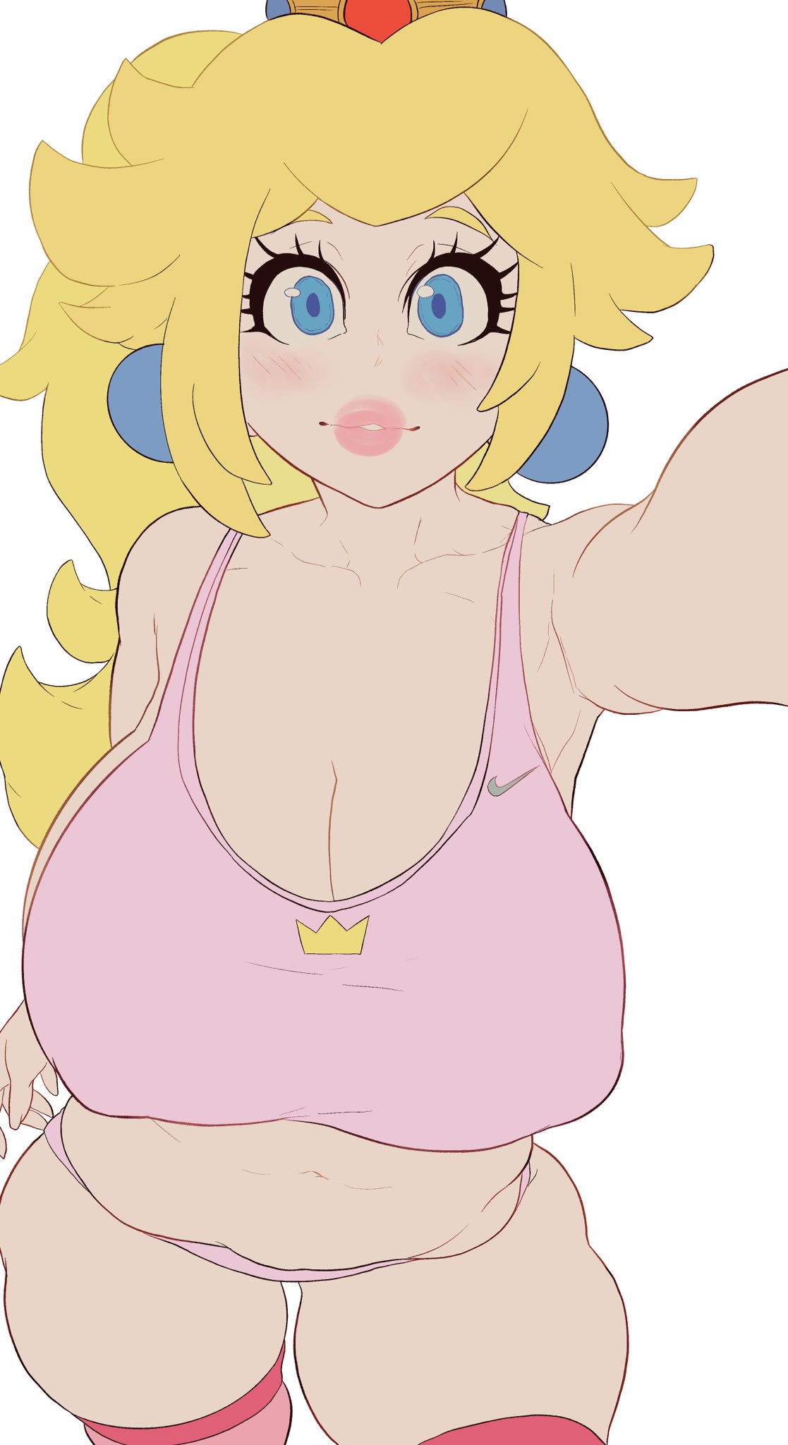 1girls, 2022, belly button, blonde hair, blue eyes, blush, breasts, busty, cleavage, clothed, clothing, crown, cute, ear piercing, eyelashes, female, female only, huge breasts, large breasts, light skin, light-skinned female, lips, lipstick, long hair, long ponytail, looking at viewer, mario (series), midriff, navel, nintendo, nipple bulge, noblood, panties, pink clothing, pink lipstick, pink panties, pink shirt, ponytail, princess, princess peach, revealing clothes, ryandomonica, shirt, simple background, skindentation, slightly chubby, smile, solo, solo female, stockings, striped legwear, striped socks, striped thighhighs, tank top, thick thighs, thighhighs, thighs, tied hair, tight clothing, underwear, white background, zettai ryouiki
